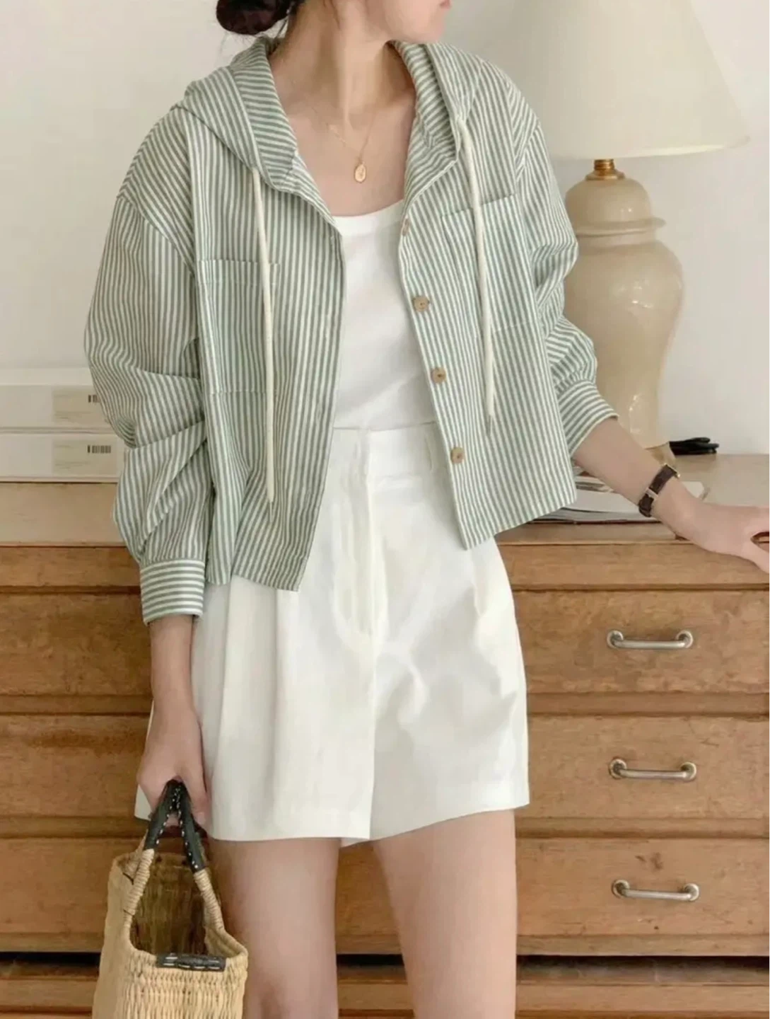 Green and White Striped Hooded Cropped Jacket