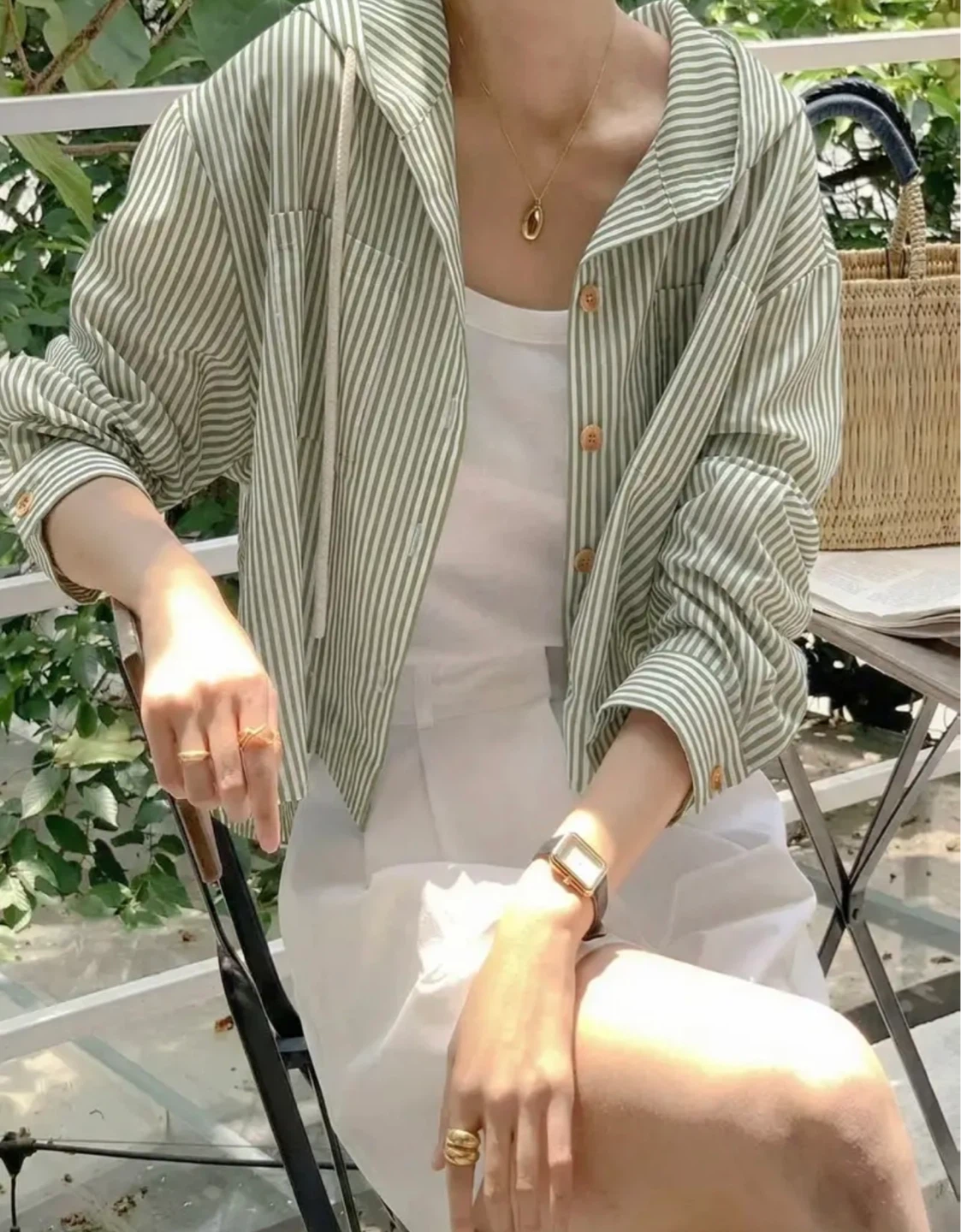 Green and White Striped Hooded Cropped Jacket - photo 3