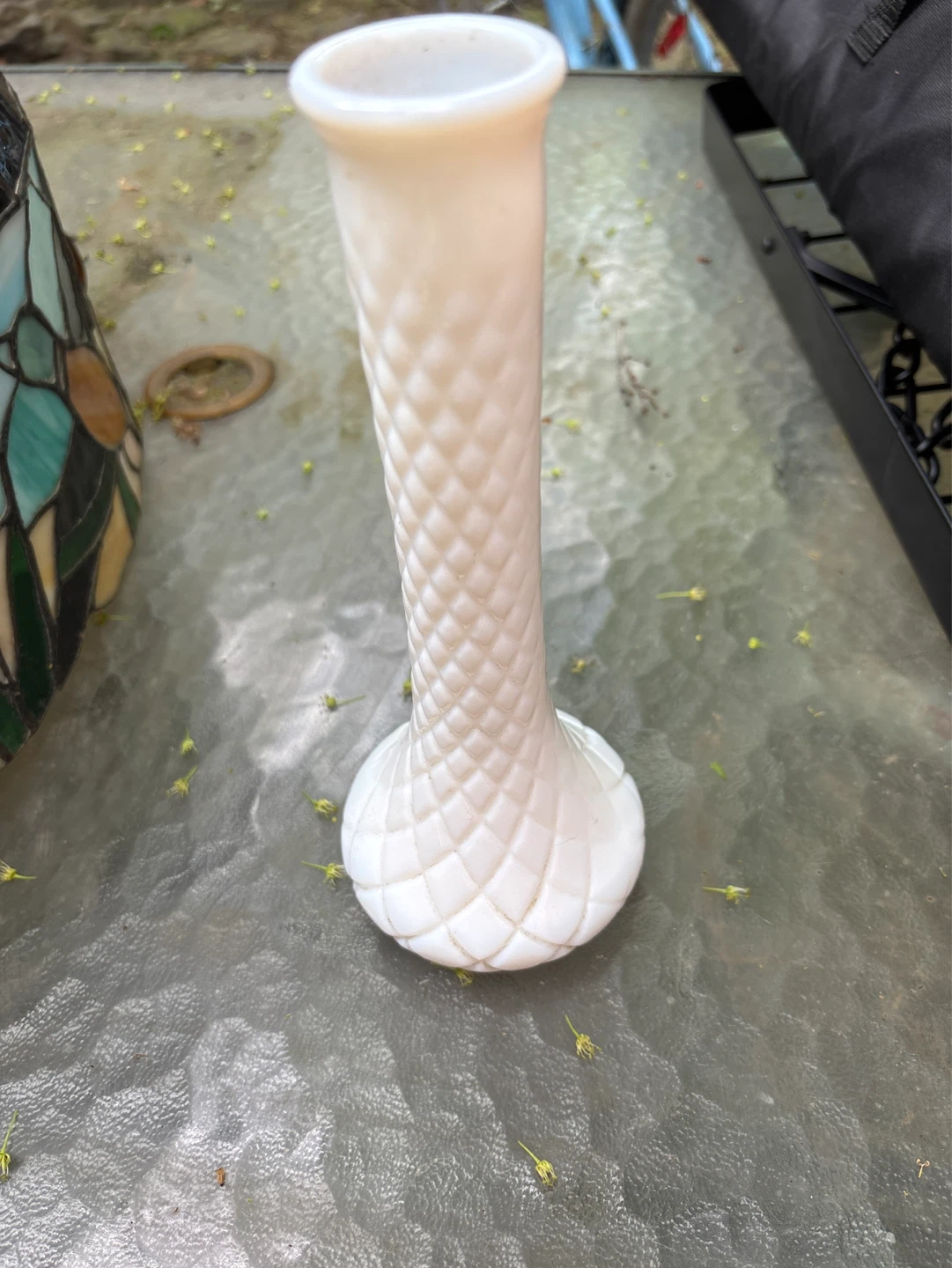 White Milk Glass Diamond Pattern Bud Vase