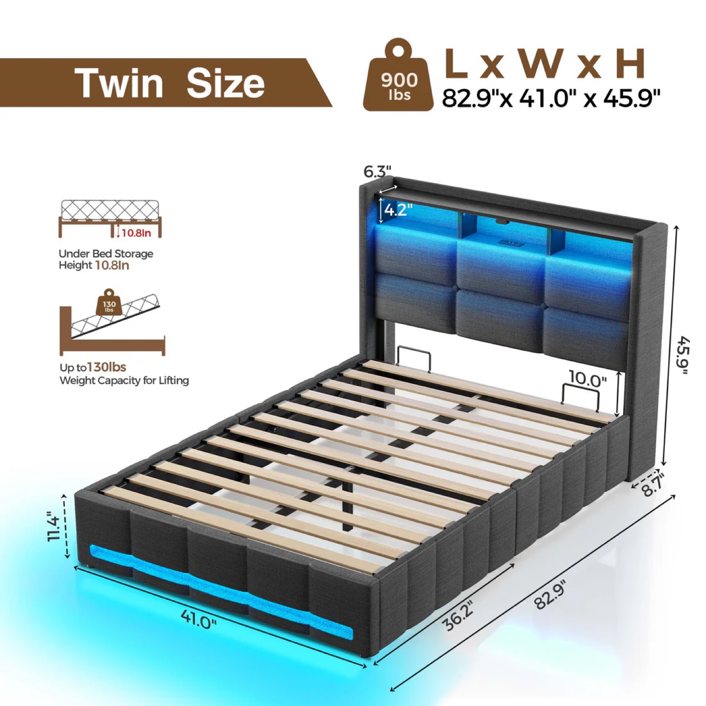 Twin Storage Bed Frame with Charging Station & LED Lights - photo 2
