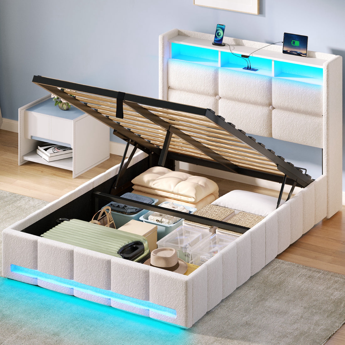 Twin Storage Bed Frame with Charging Station & LED Lights