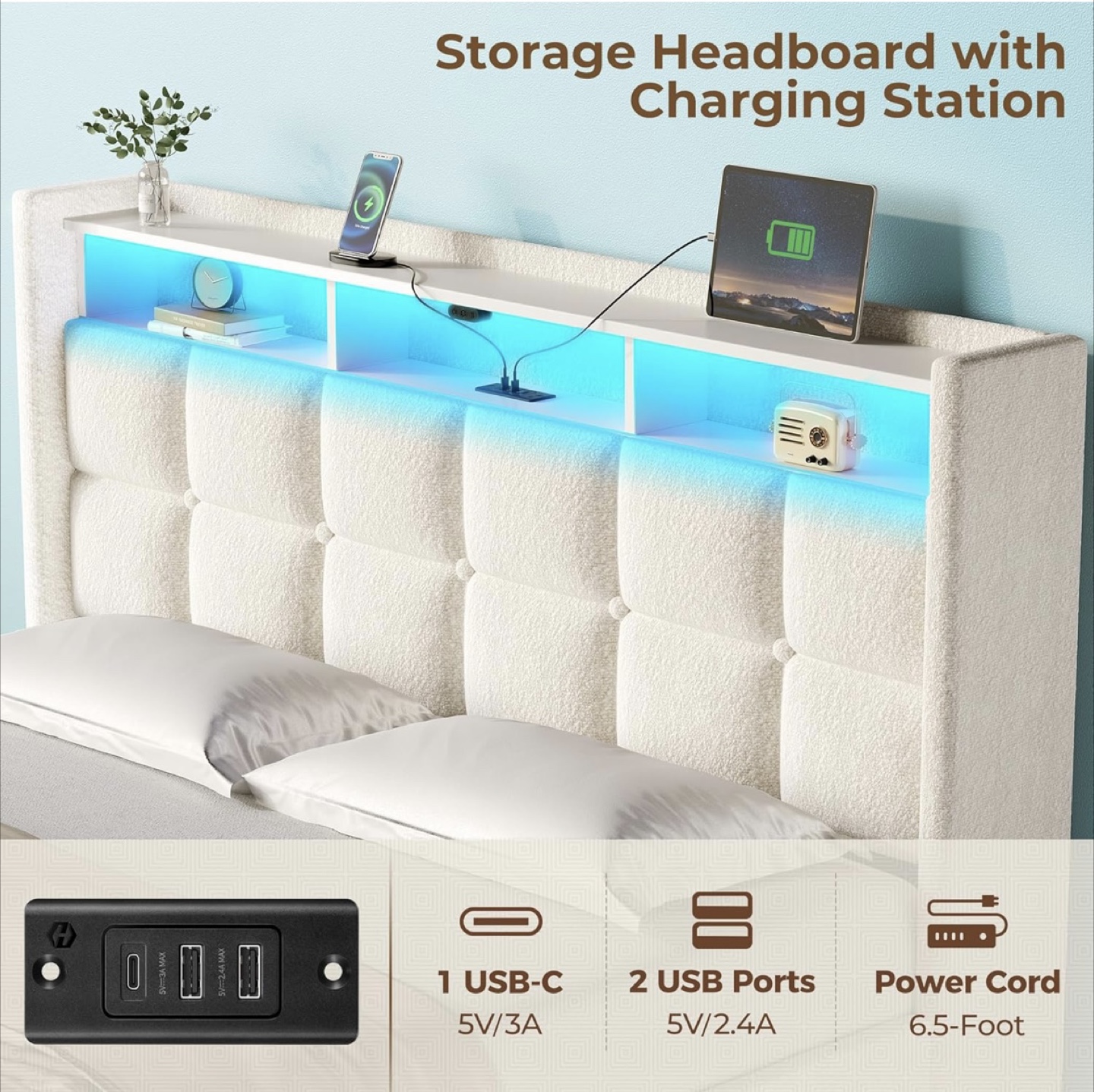 Twin Storage Bed Frame with Charging Station & LED Lights - photo 3