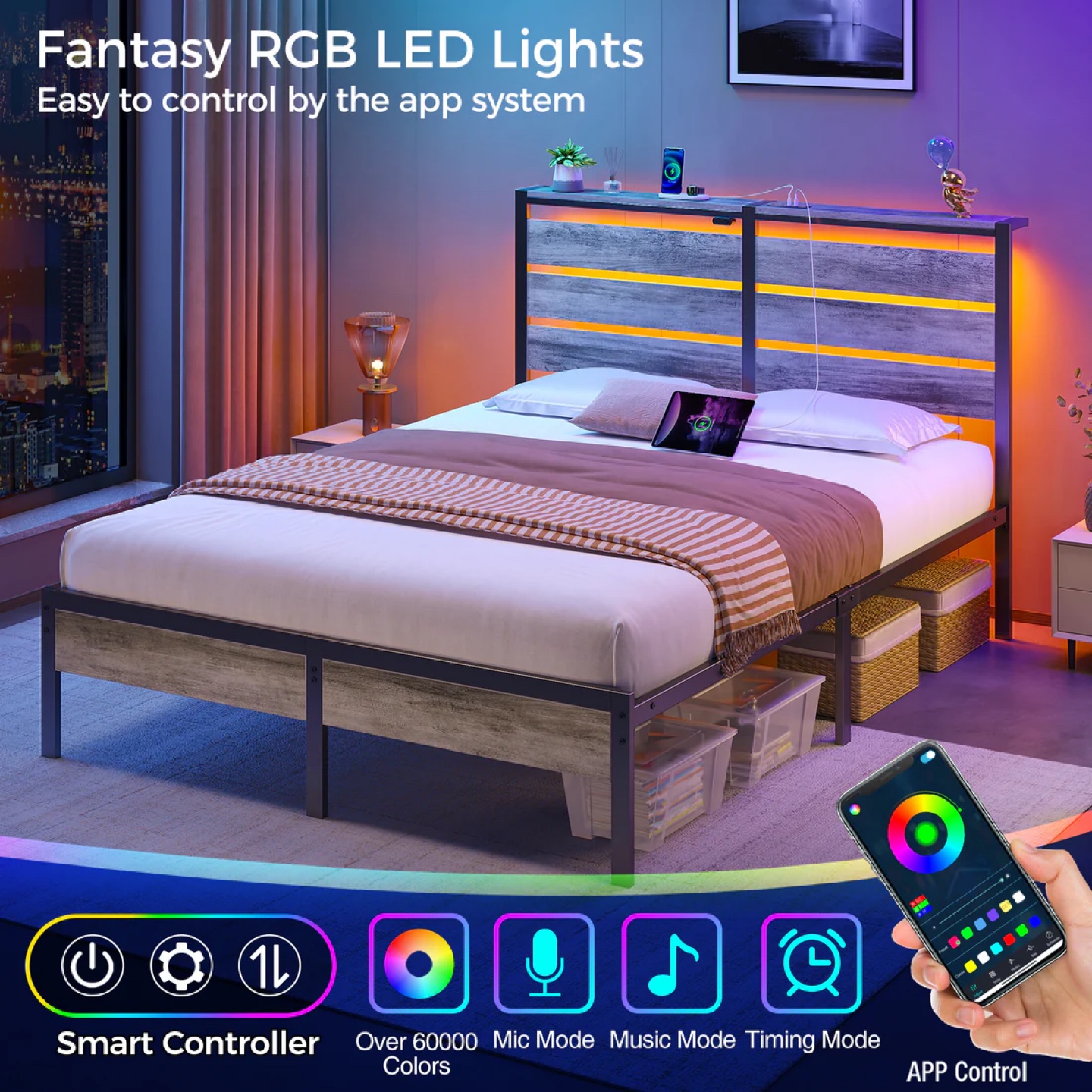 Queen Size Bed Frame with RGB LED Lights and Charging Station - photo 3