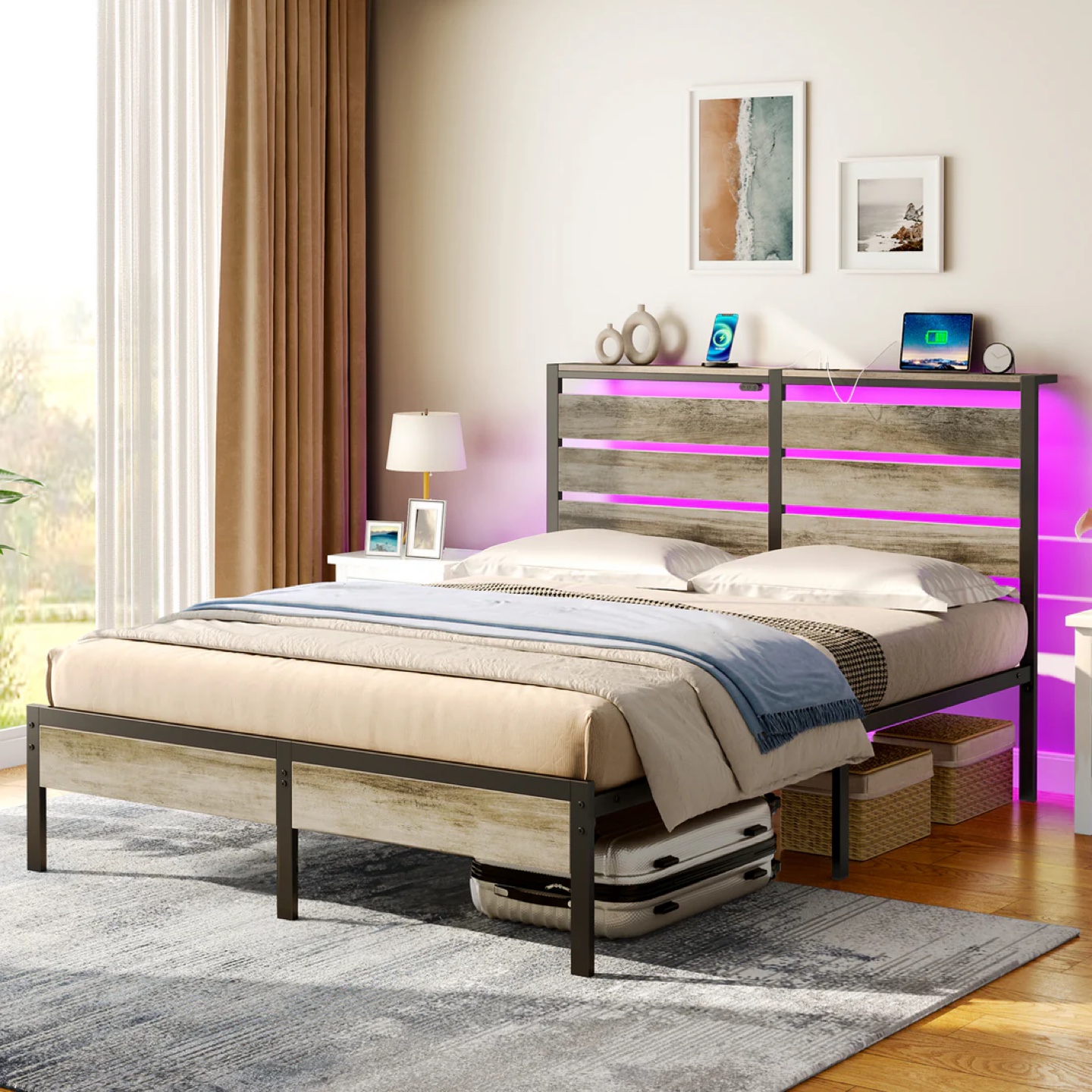 Queen Size Bed Frame with RGB LED Lights and Charging Station - photo 5