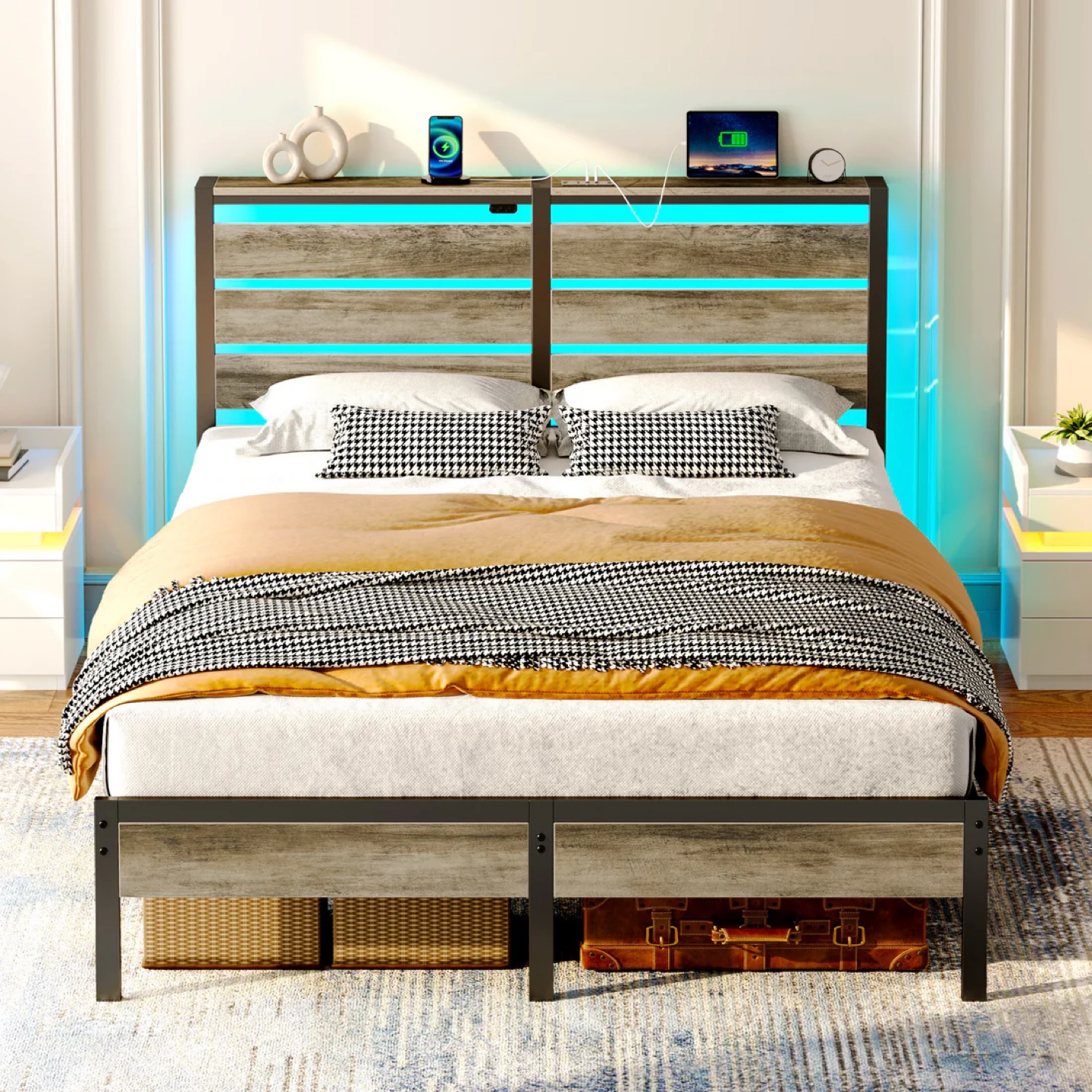 Queen Size Bed Frame with RGB LED Lights and Charging Station