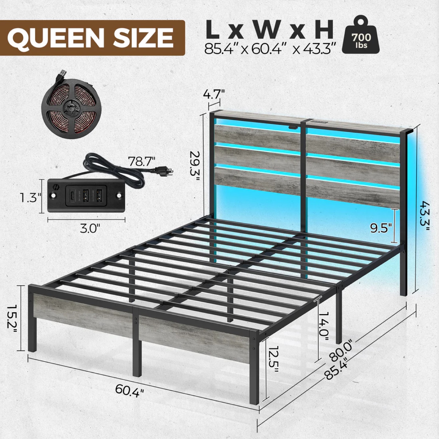 Queen Size Bed Frame with RGB LED Lights and Charging Station - photo 2