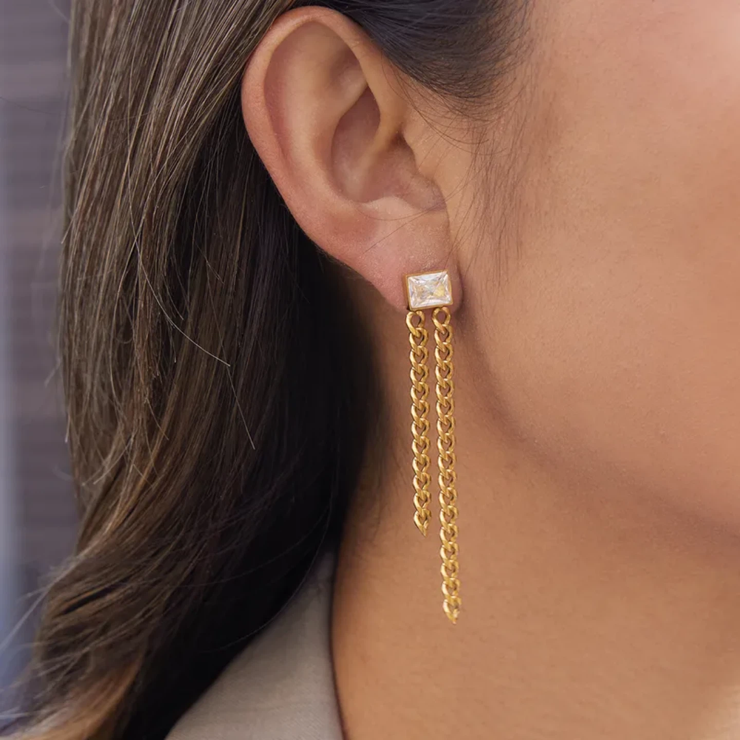 18K Gold Plated Zircon Tassel Chain Earrings - photo 3