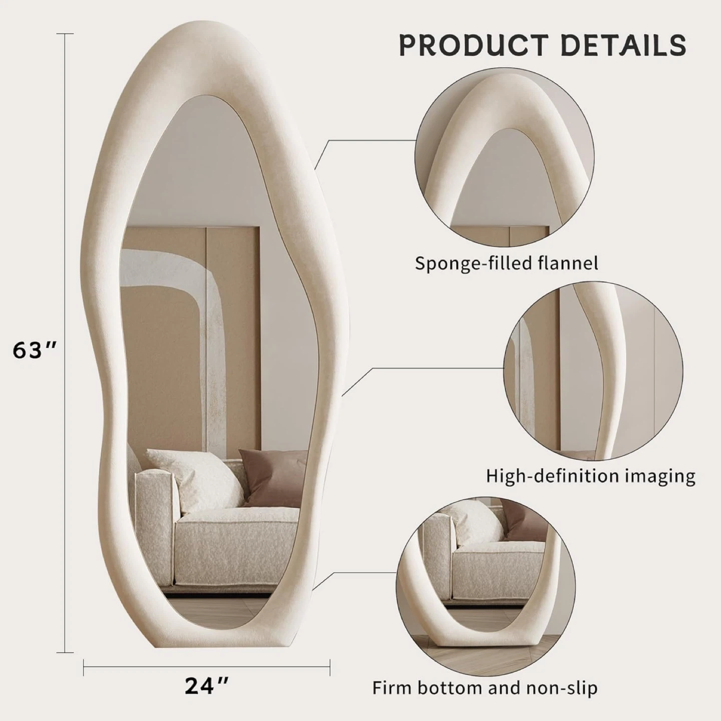 Full Length Mirror 63"x24", Irregular Wavy Mirror - photo 3