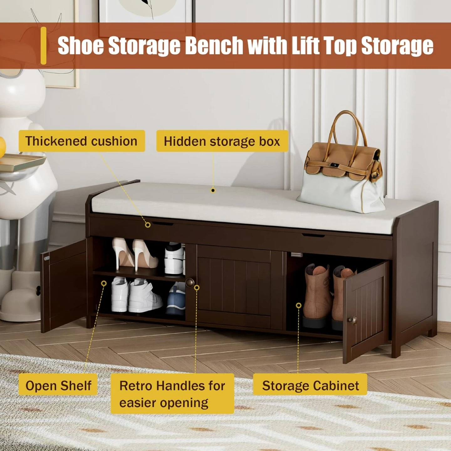 41.3" Shoe Bench with Lift Top Storage Bench with Cushioned Seat - photo 5