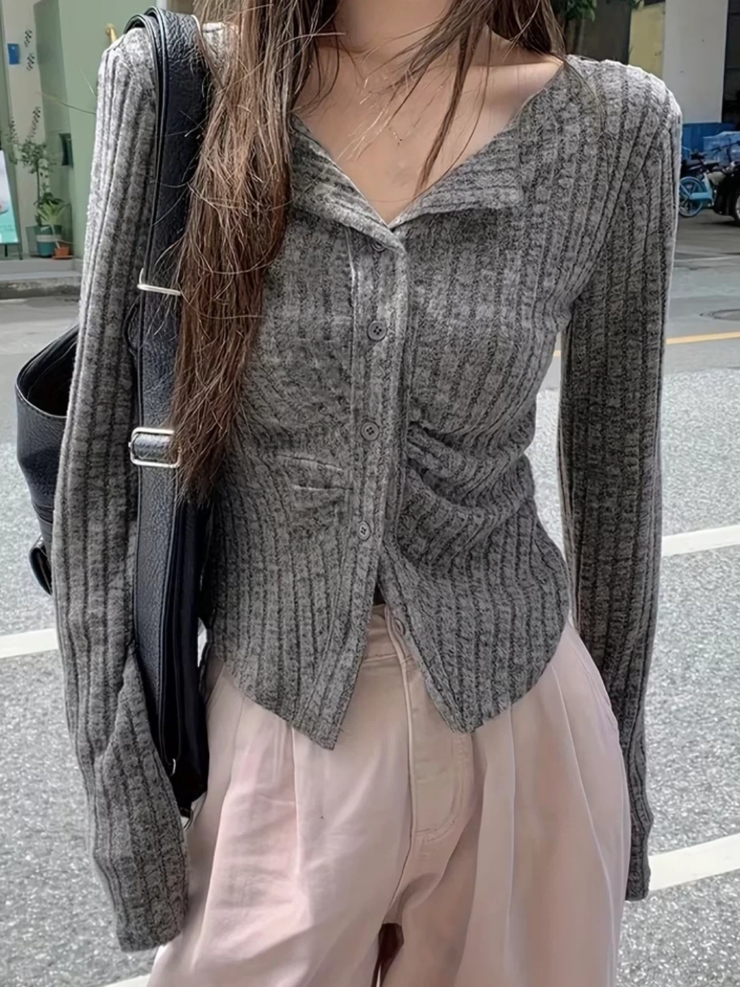 Grey Fitted Cardigan Top