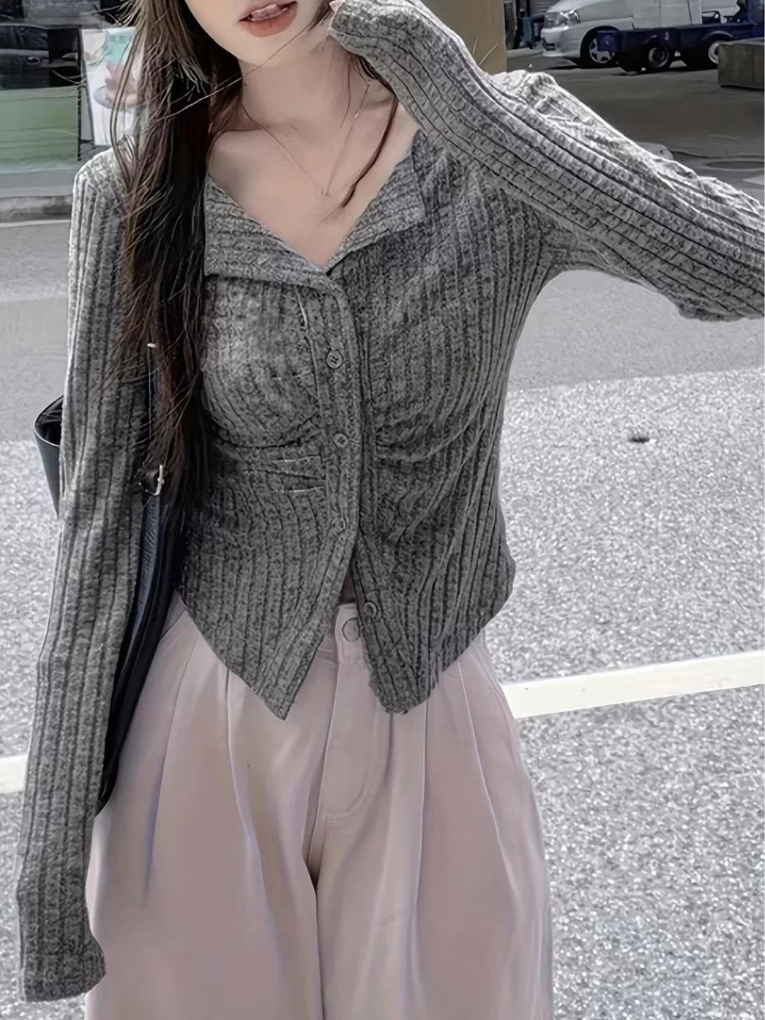 Grey Fitted Cardigan Top - photo 2