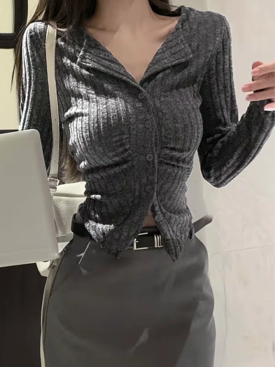 Grey Fitted Cardigan Top - photo 3