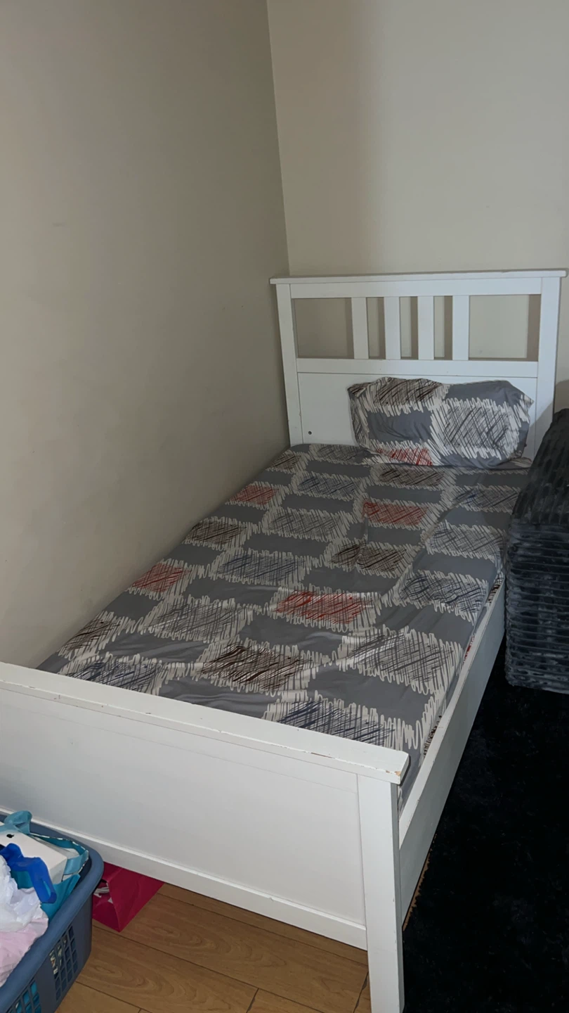 White Single Bed Frame with Duvet Cover and Pillowcase