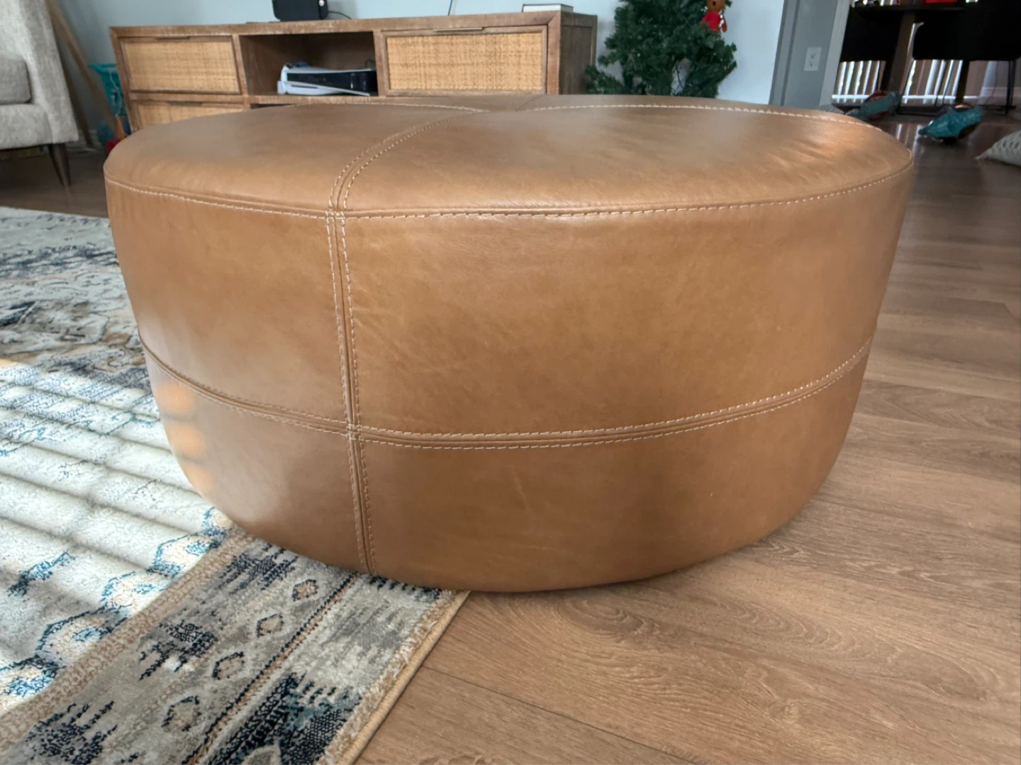 Round Tan Leather Ottoman