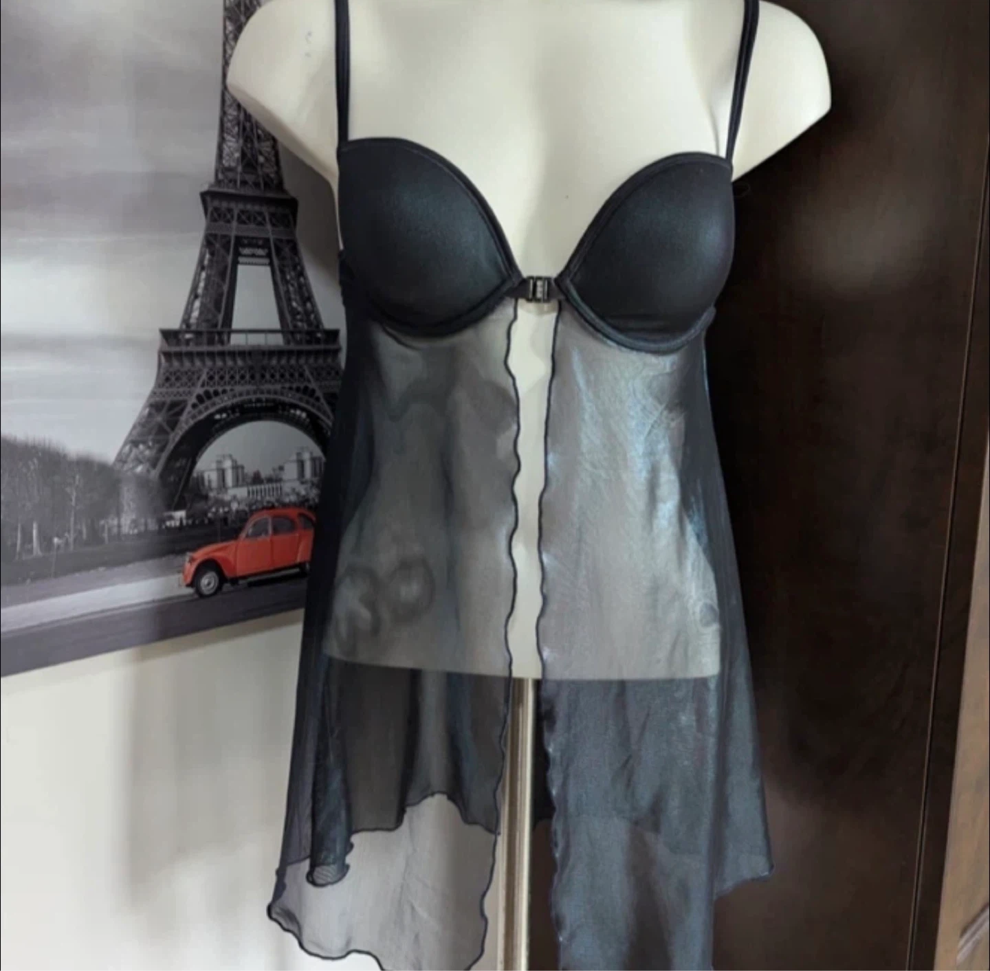 Y2K La SENZA Black Metallic Sheer Baby Doll Lingerie