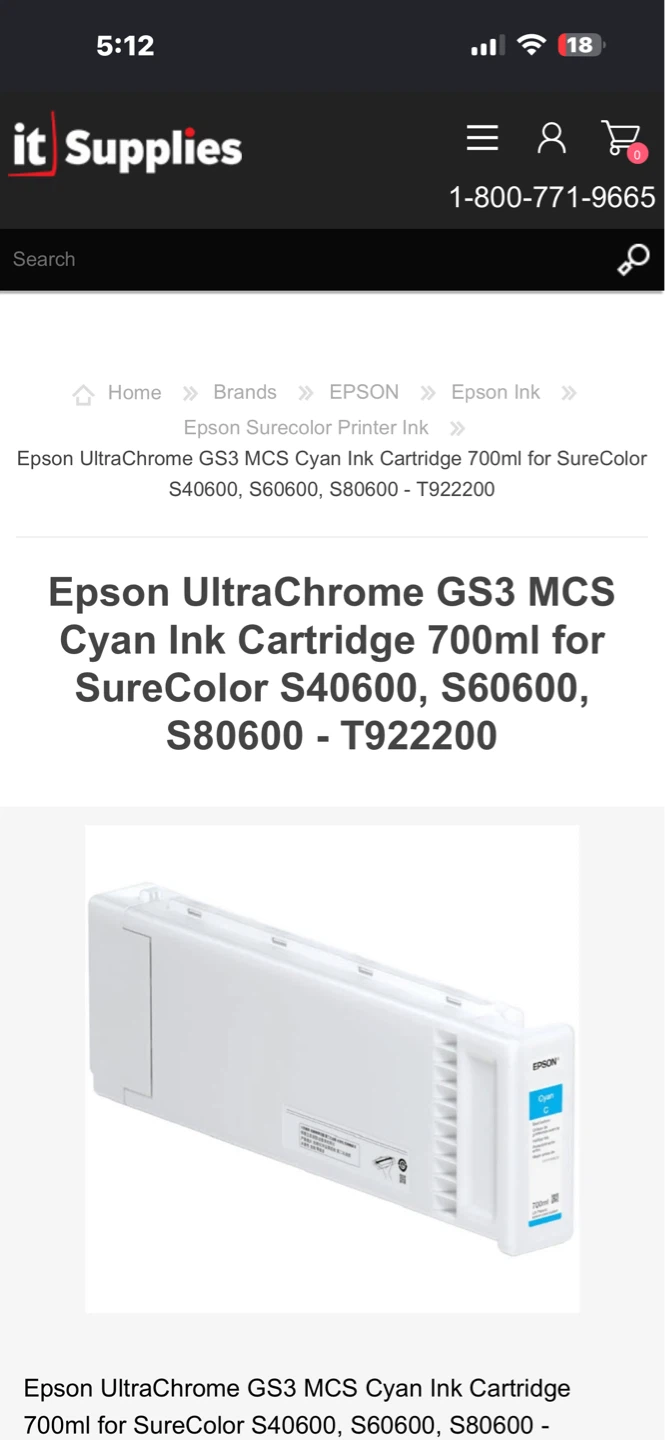 Epson UltraChrome GS3 Cyan Ink Cartridge 700ml T922200