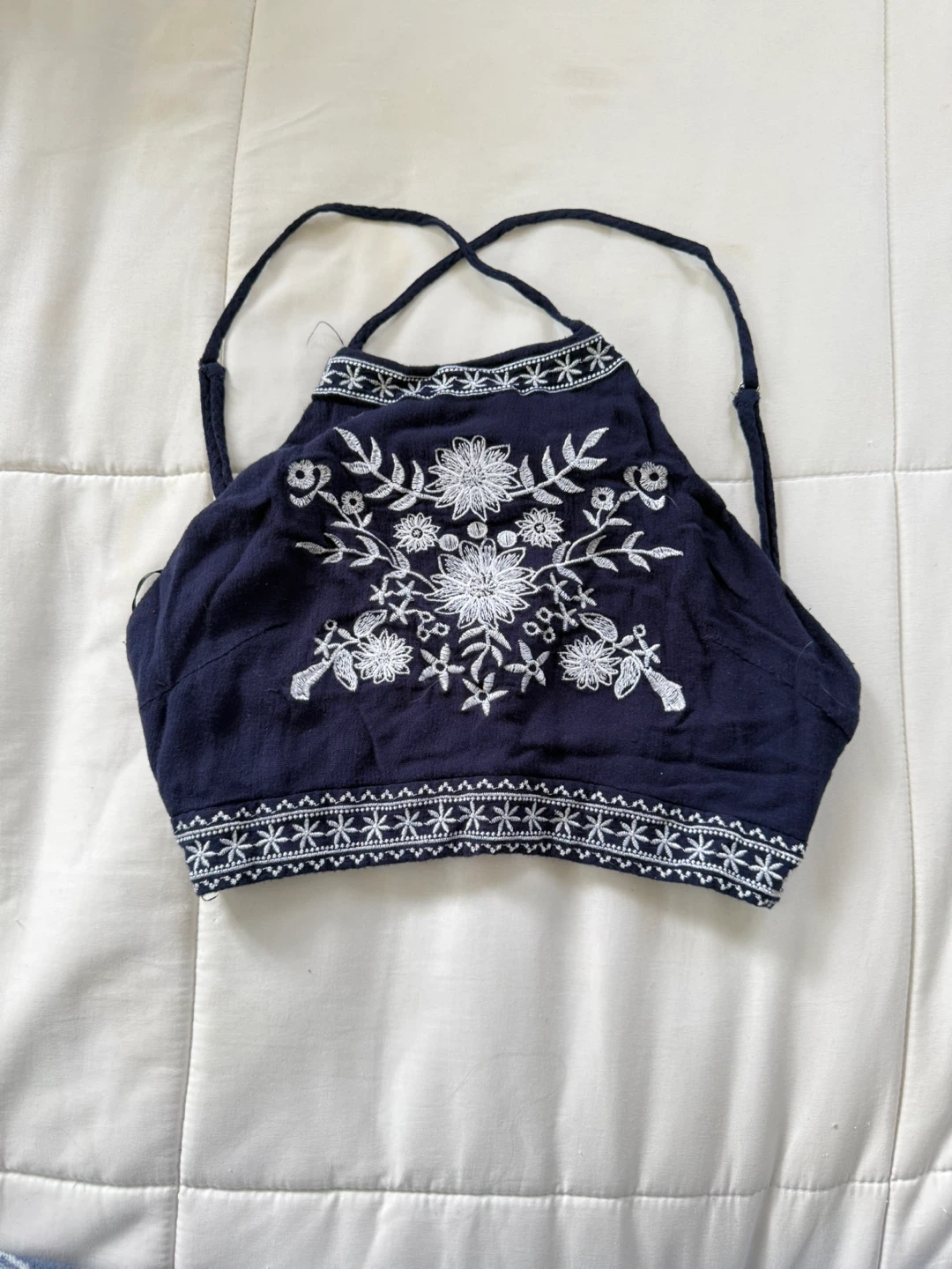 Navy Blue Embroidered Halter Top