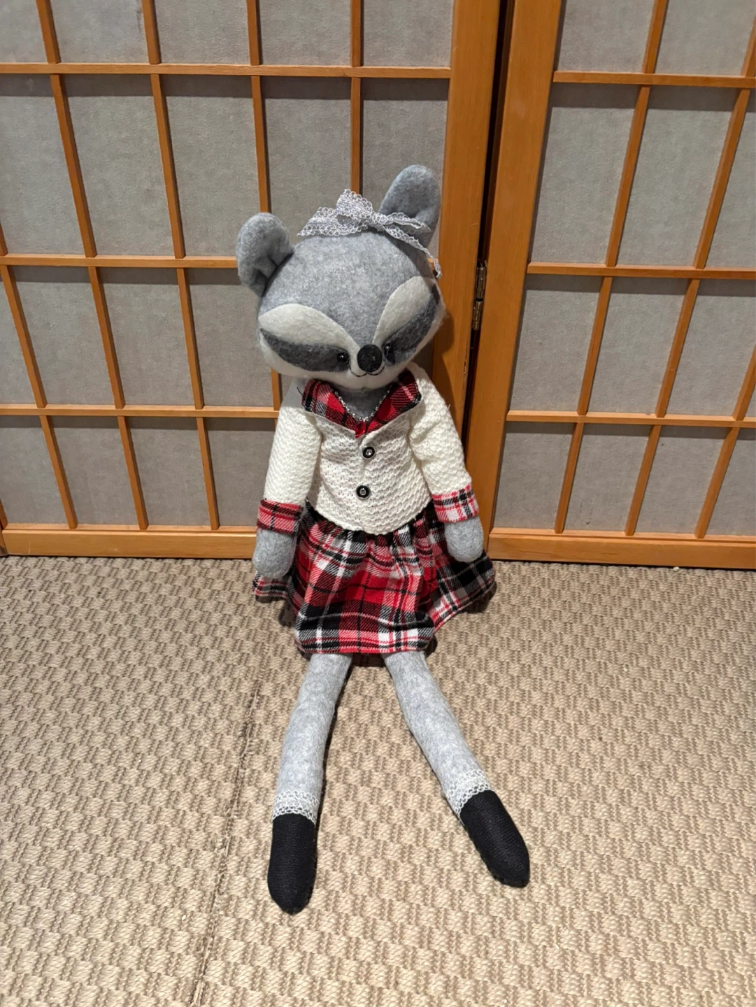 Plush Raccoon Doll with Plaid Skirt and Sweater
