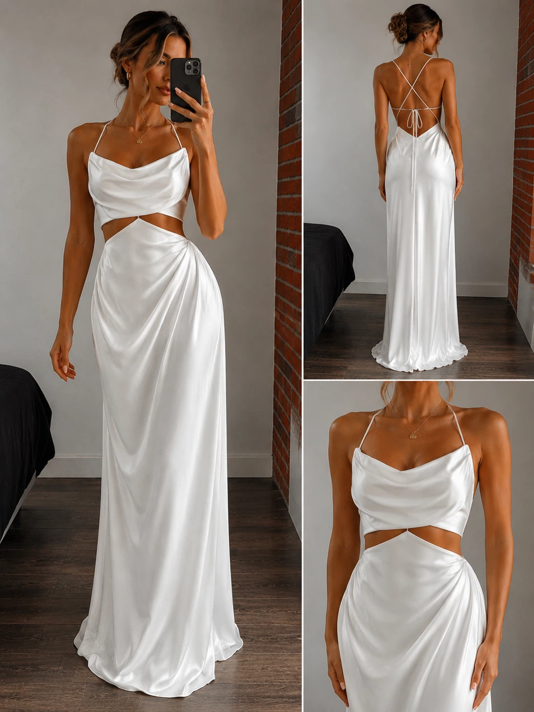 White satin maxi dress with cutouts