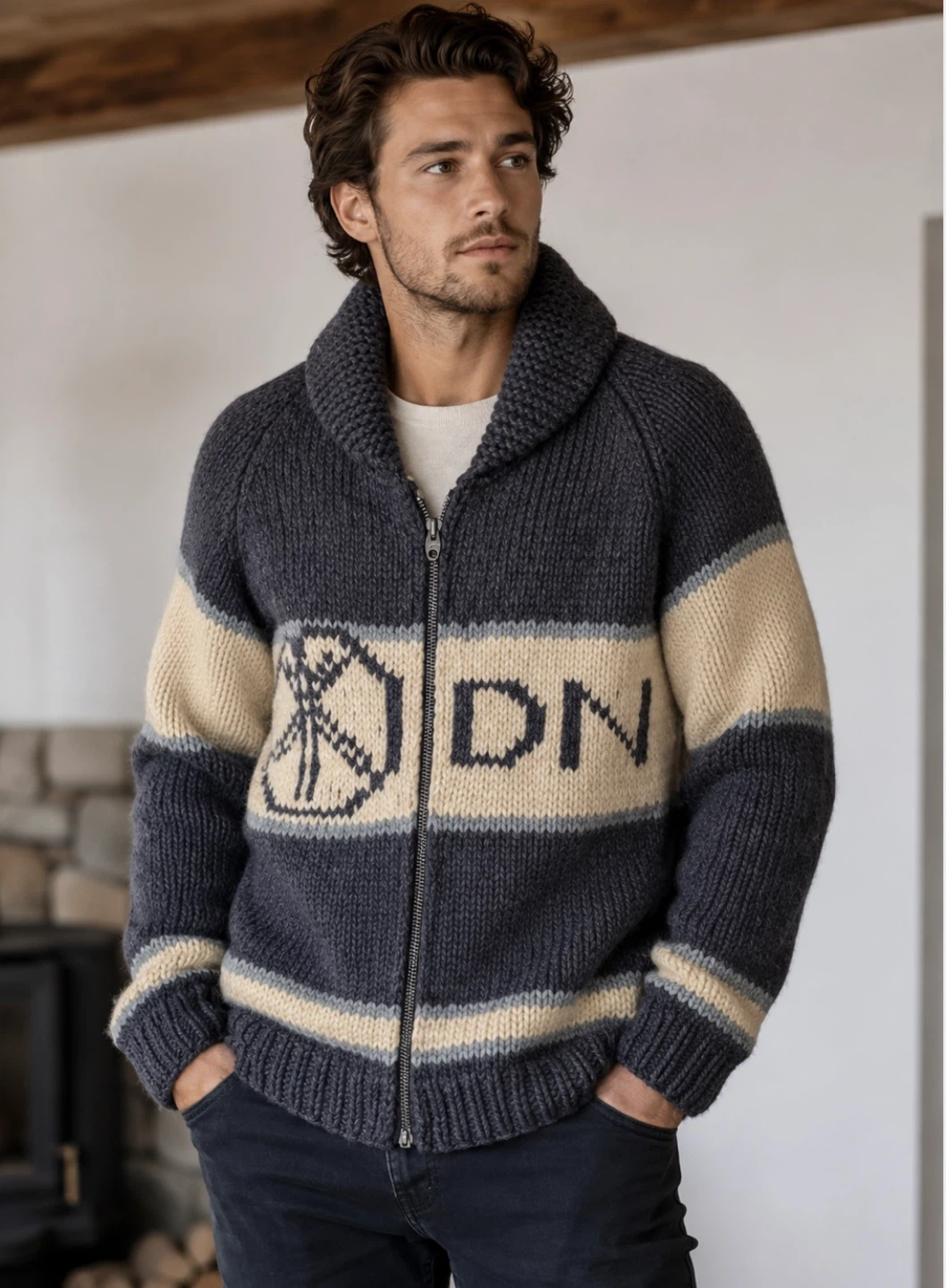 vintage hand-knit Canadian Cowichan-style thick wool cardigan