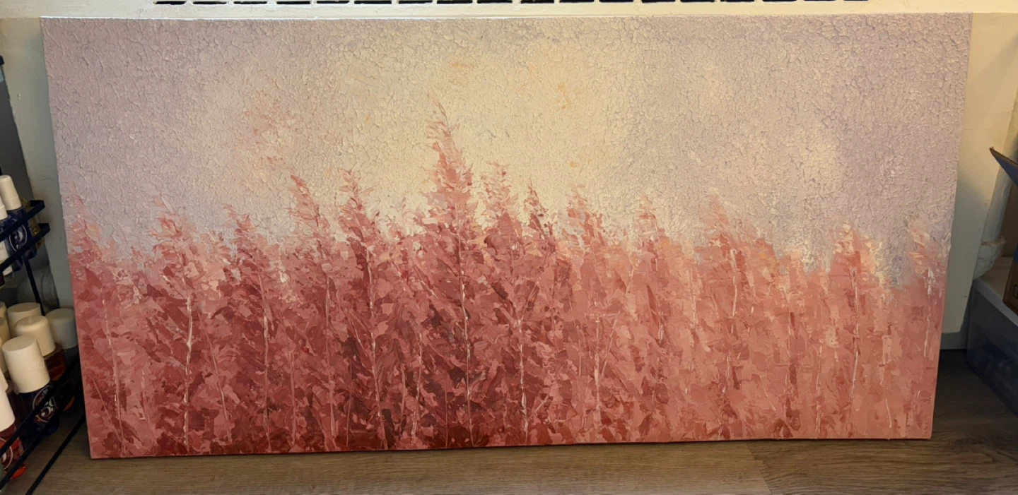 Textured Impasto Painting of Pink Reeds
