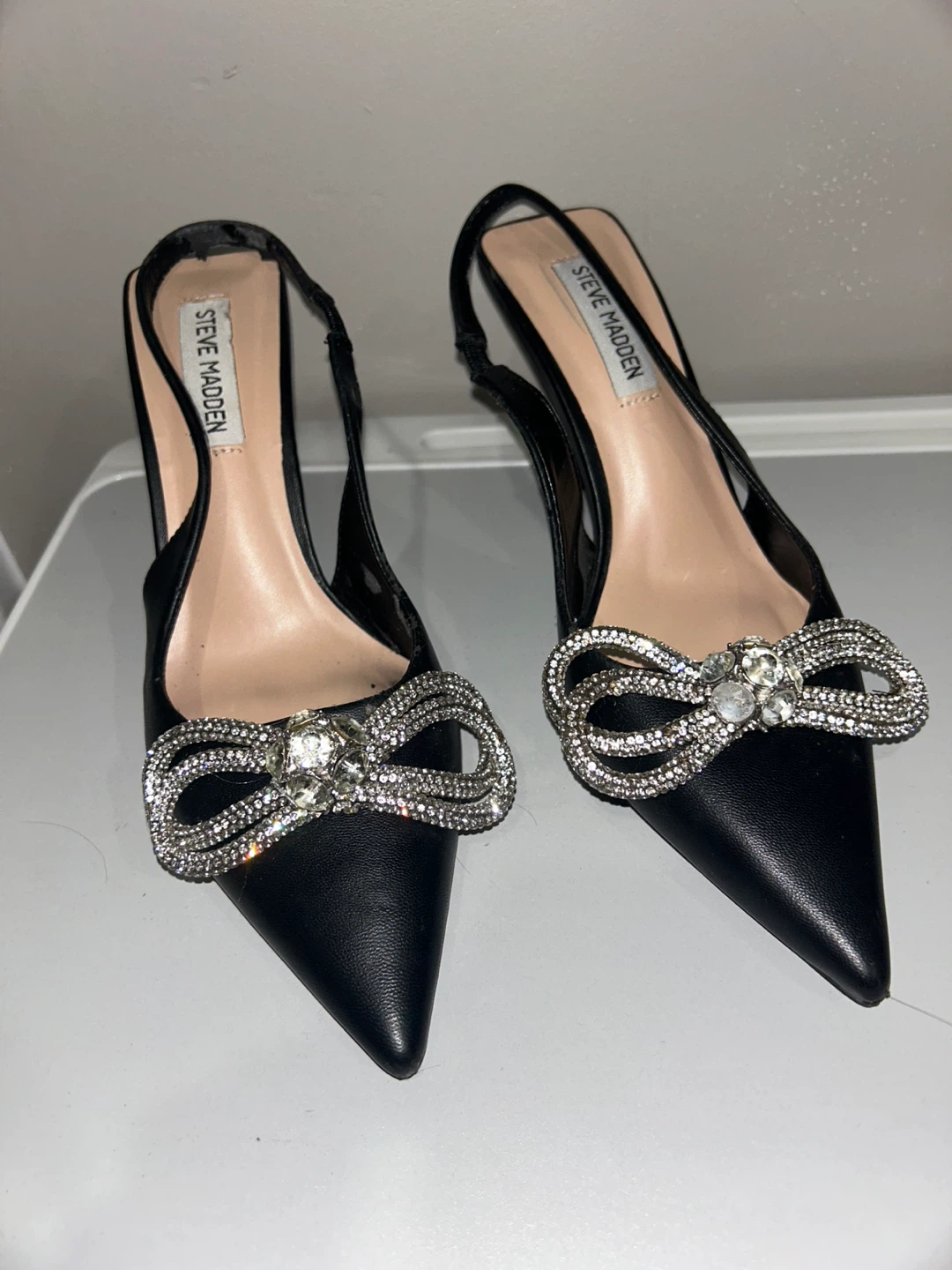 Steve Madden Black Slingback Heels with Rhinestone Bow Size 9