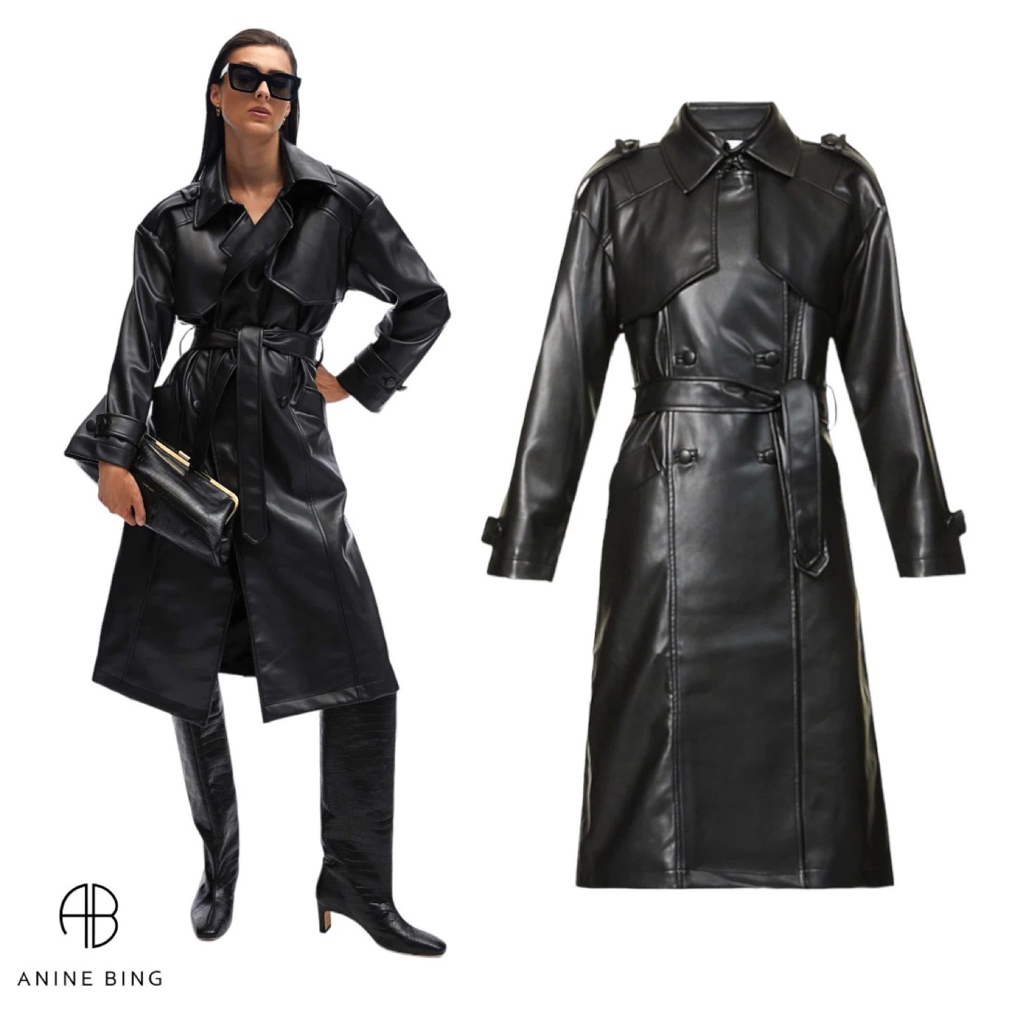 ANINE BING 2020 FINLEY FAUX LEATHER TRENCH COAT IN BLACK SZ SM