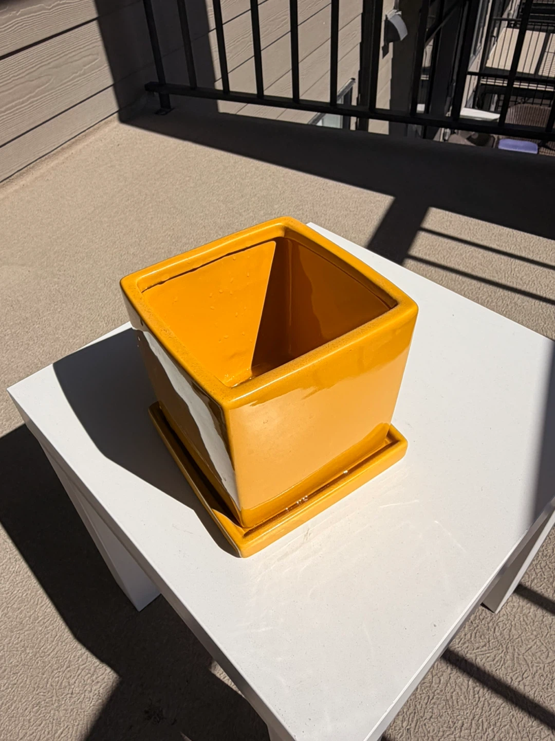 Yellow Square Ceramic Planter with Saucer