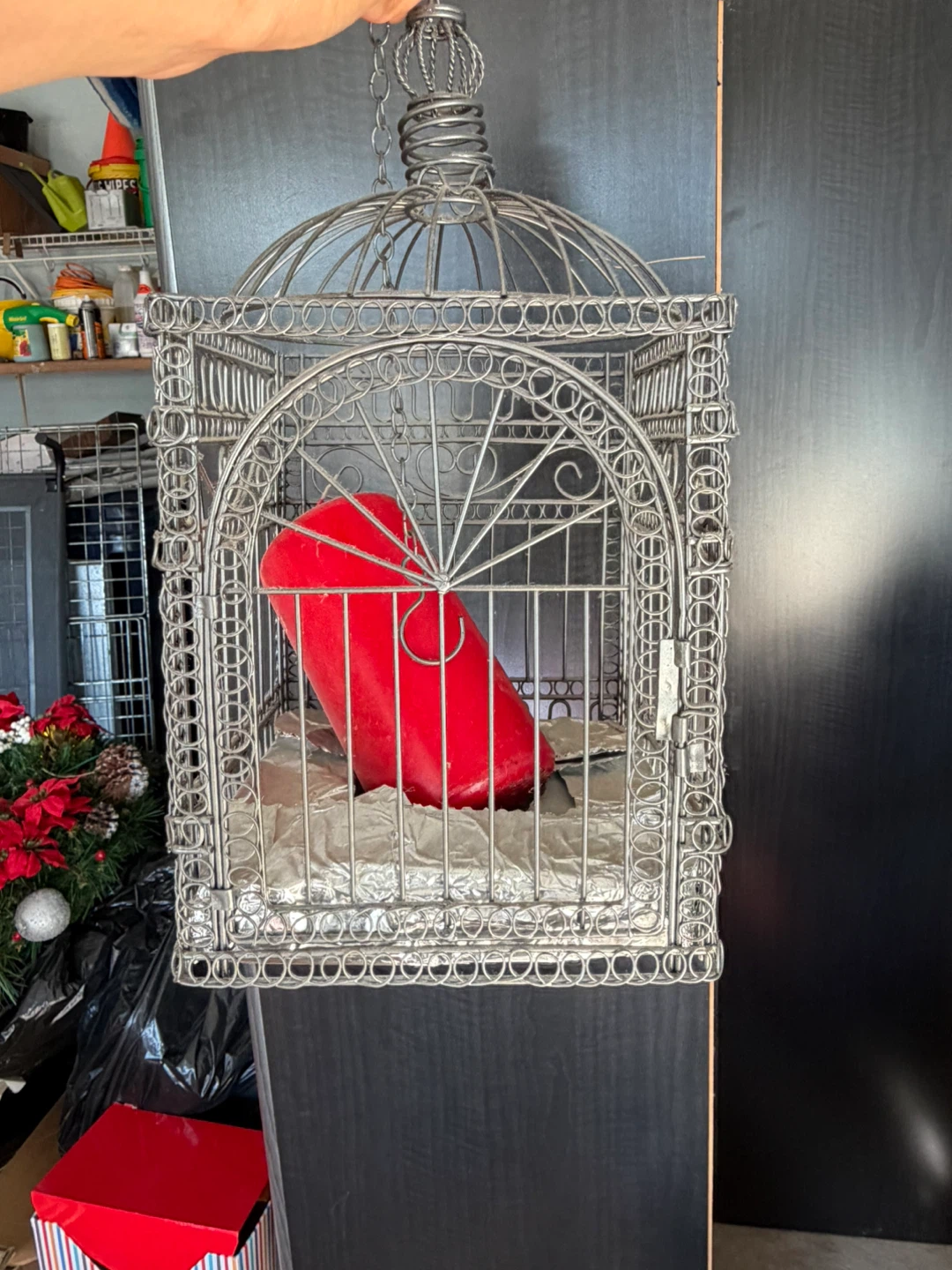 Decorative Wire Birdcage with Red Candle