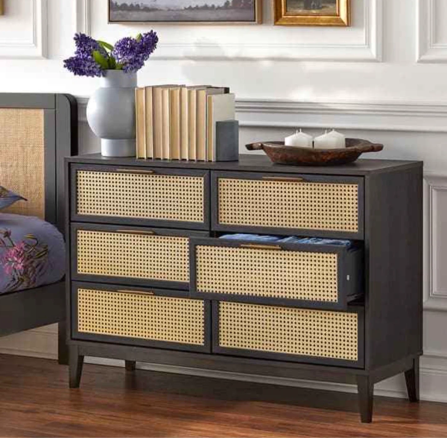 New Boho Black and Rattan Storage Dresser Buffett Server - photo 3