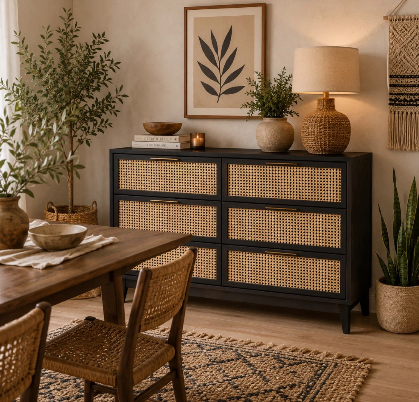 New Boho Black and Rattan Storage Dresser Buffett Server