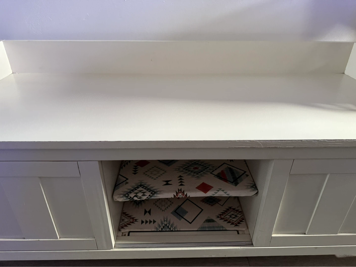 White Storage Bench with Cabinet Doors