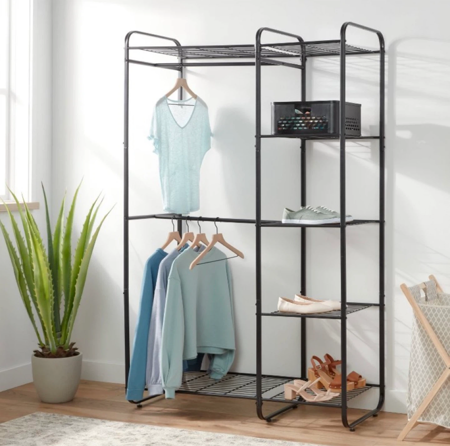 Black Metal Garment Rack with Shelves