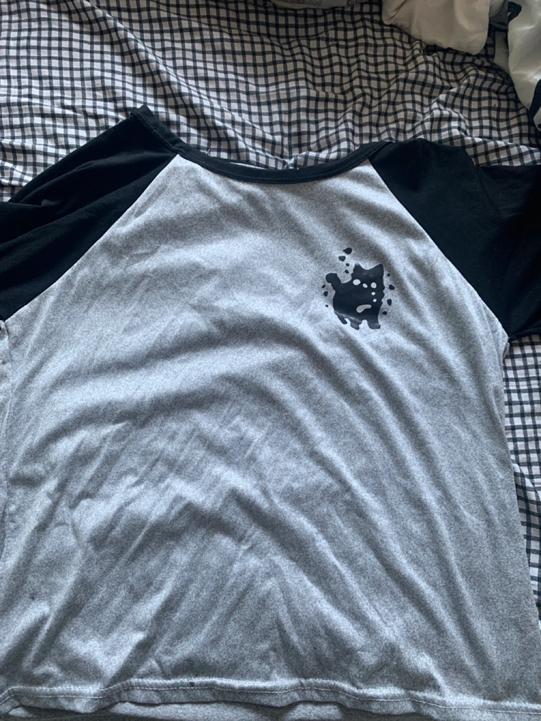 Grey Raglan Tee with Black Cat Graphic