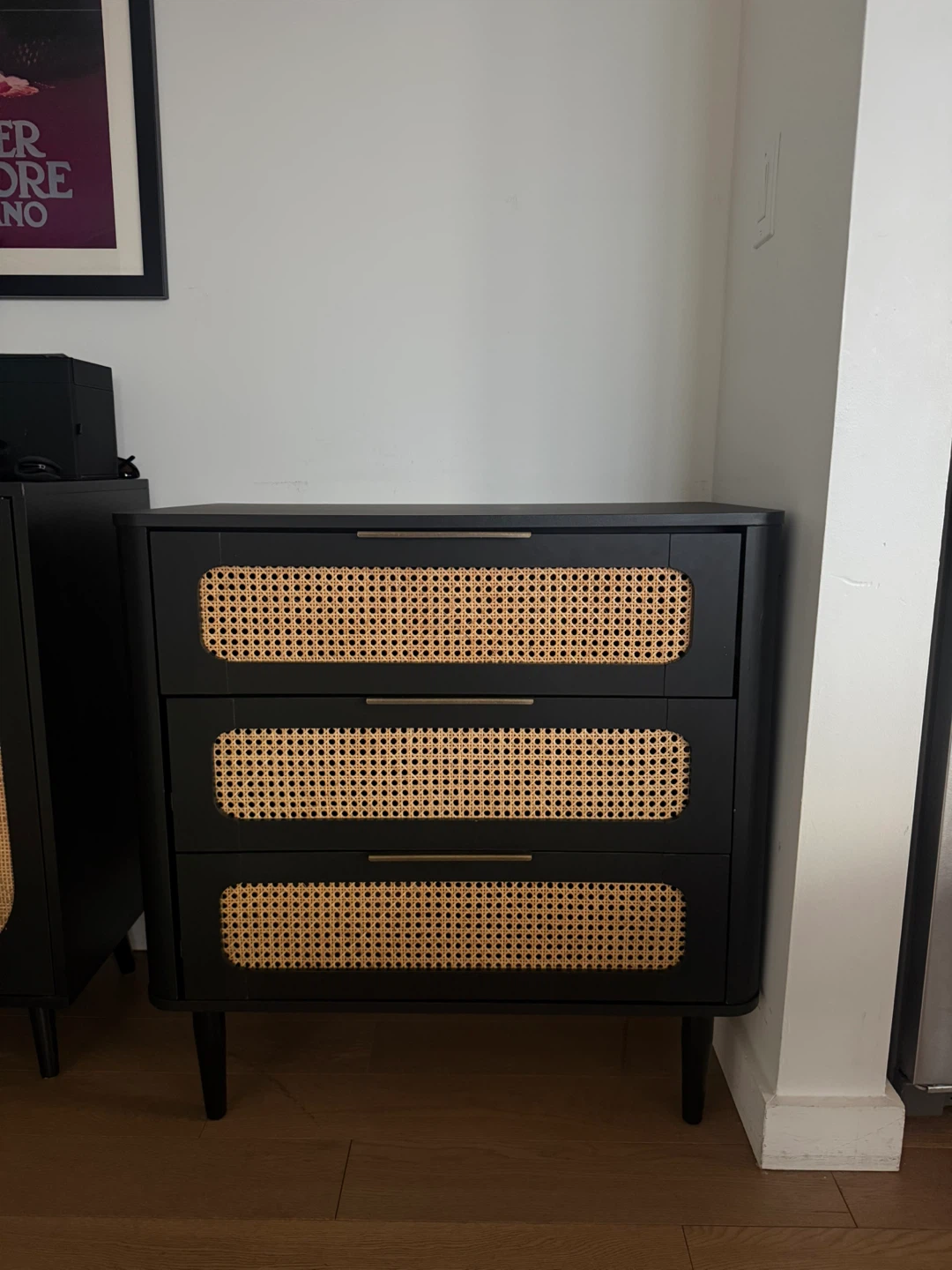 Black 3-Drawer Dresser with Rattan Fronts - photo 2