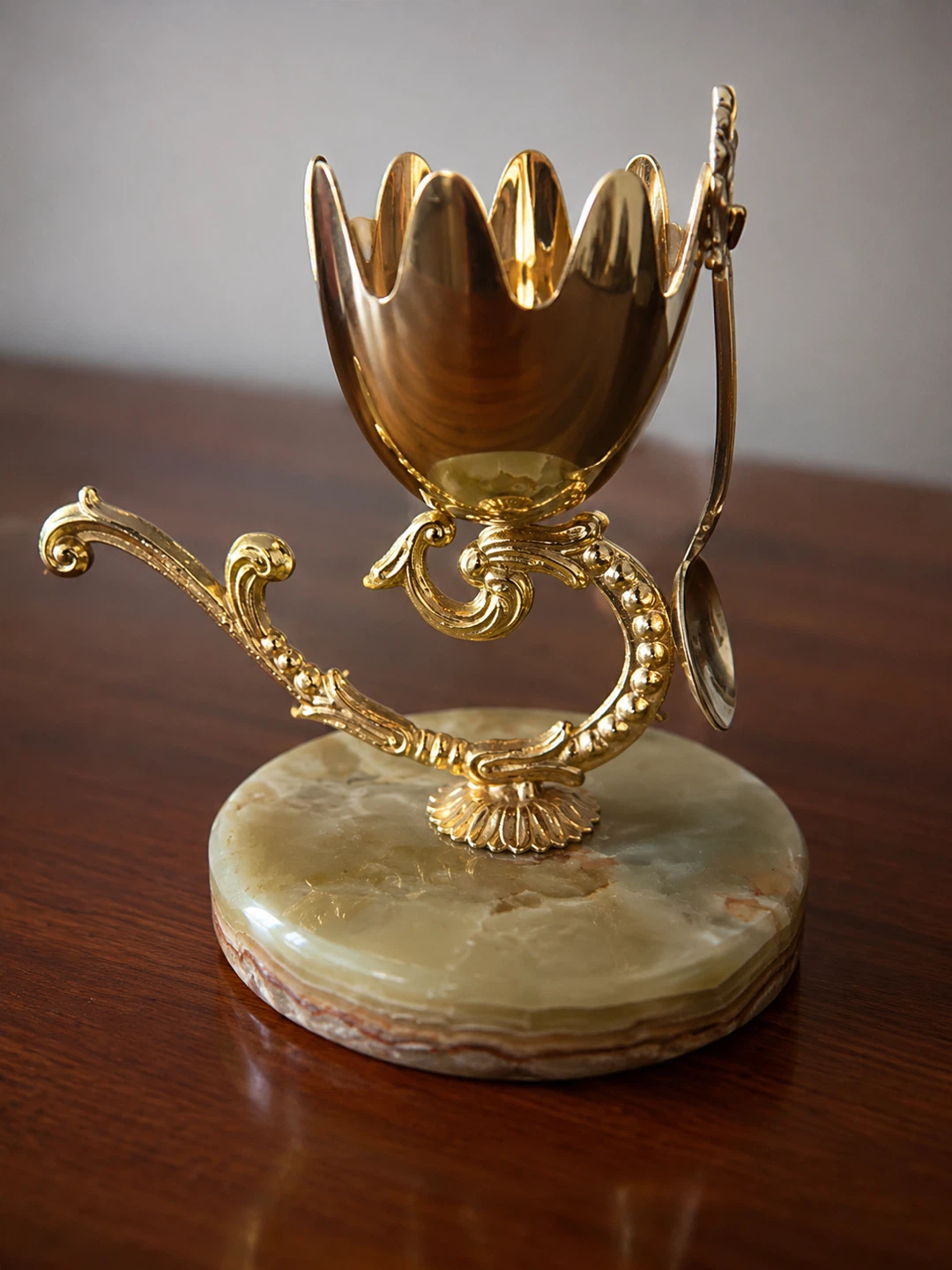 Ornate Golden Egg Cup with Spoon Made in Italy