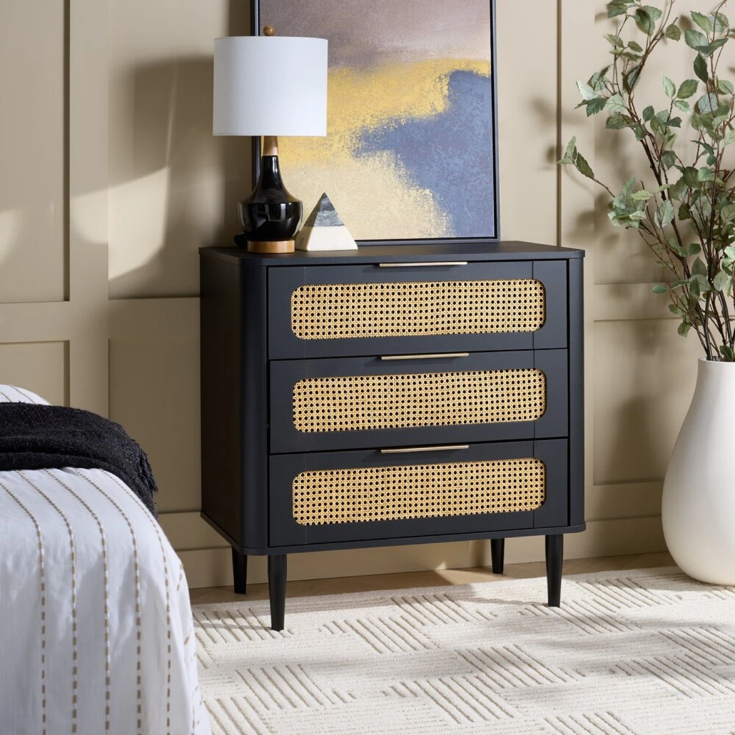 Black 3-Drawer Dresser with Rattan Fronts