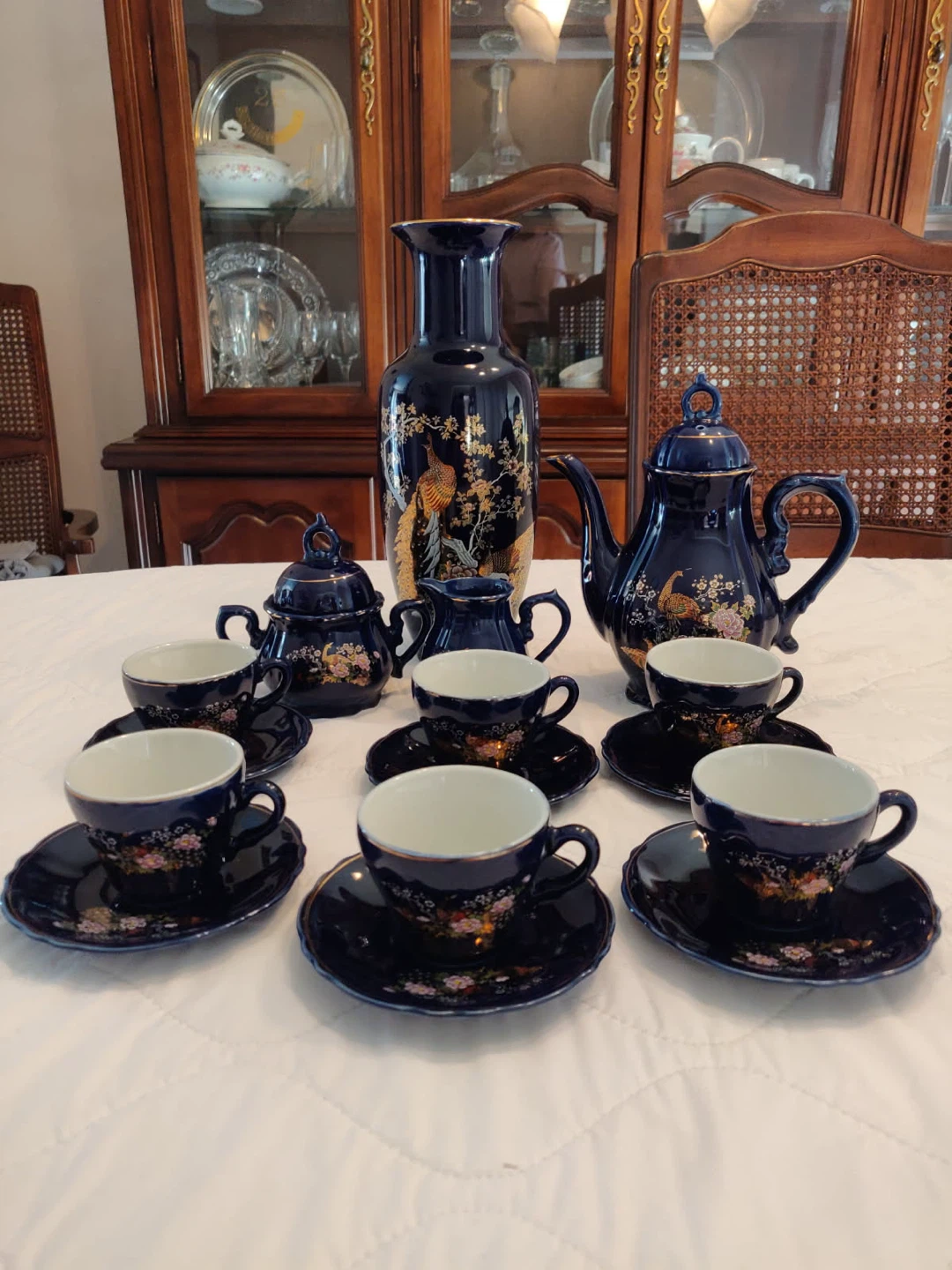 Vintage Blue Porcelain Tea Set with Peacock Design