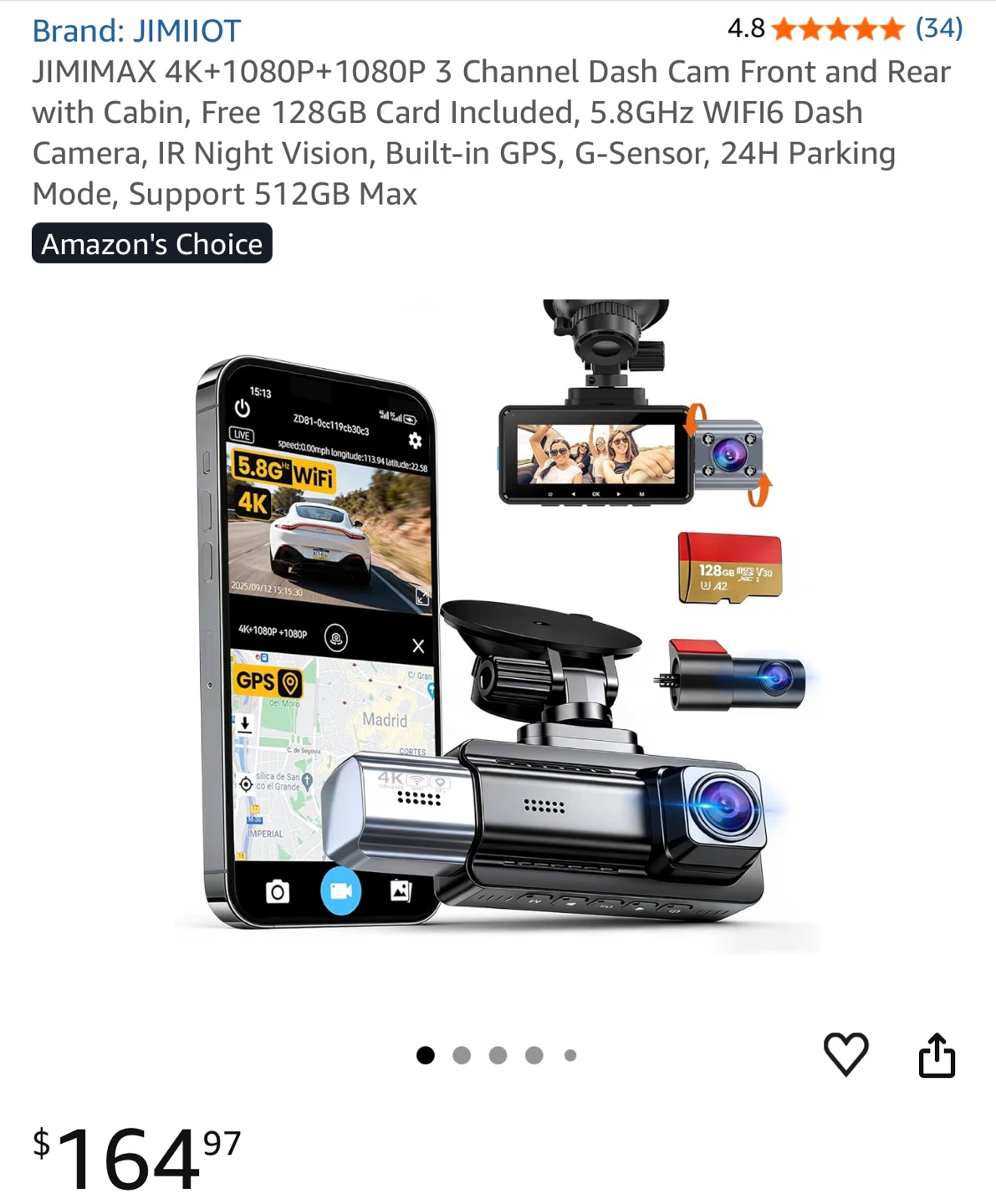Brand New 3 Channel Dash Cam with 128GB Card
