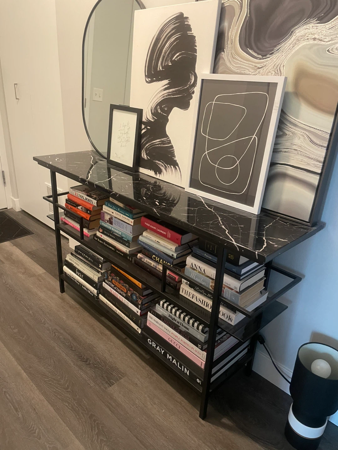 Black Marble Effect Console Table with Shelves