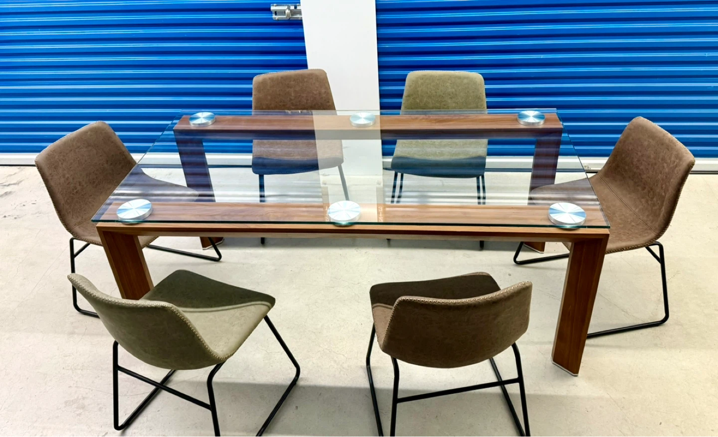 Glass Dining Set 6 Leather Chairs Walnut Wood - photo 2