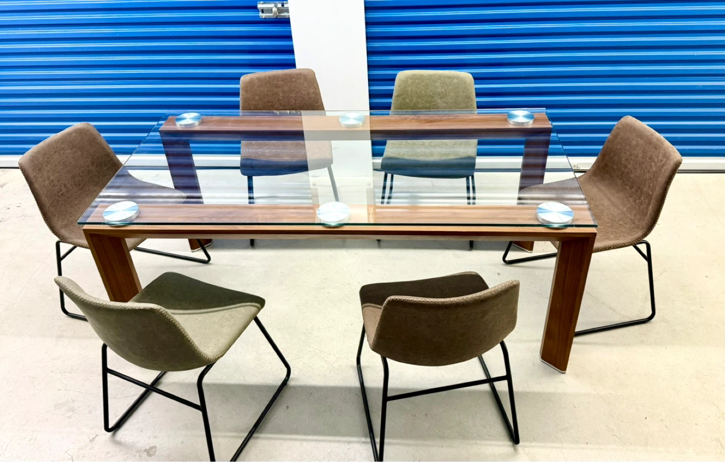 Glass Dining Set 6 Leather Chairs Walnut Wood