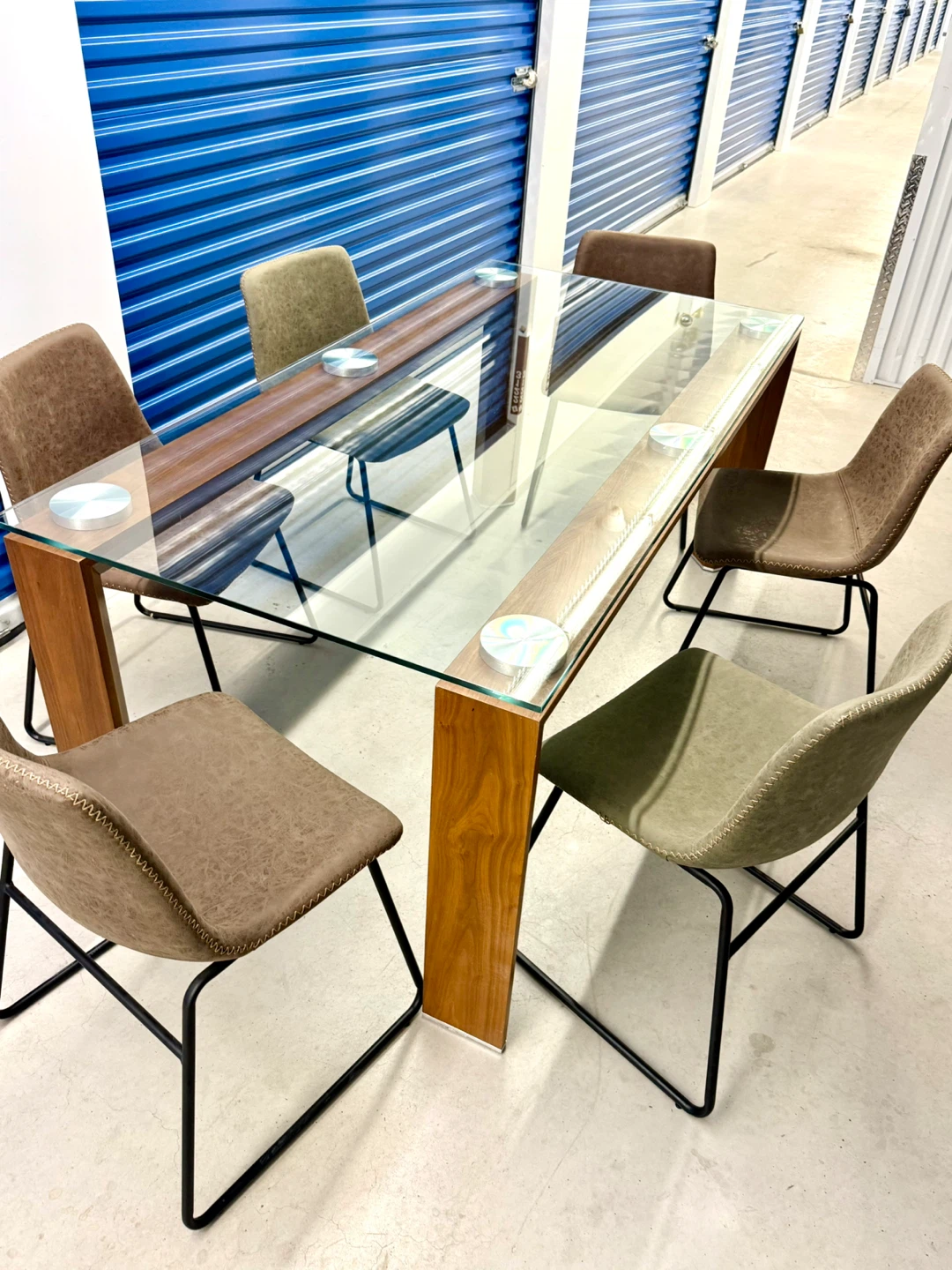 Glass Dining Set 6 Leather Chairs Walnut Wood - photo 5