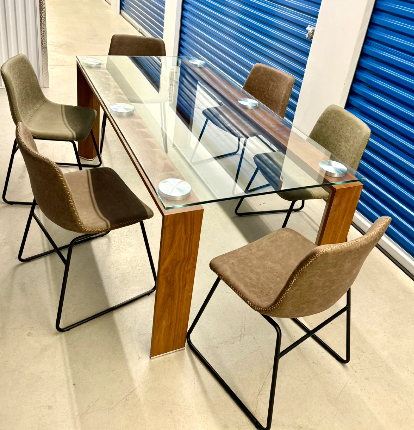 Glass Dining Set 6 Leather Chairs Walnut Wood - photo 3