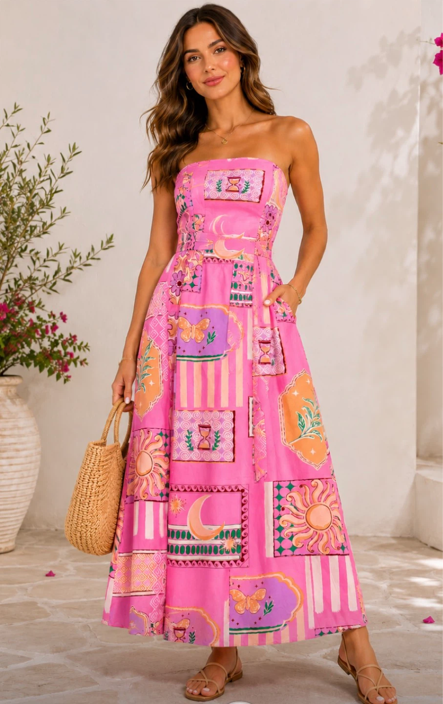 Midnight Sky Pink Sun Moon Butterfly Strapless Maxi Dress