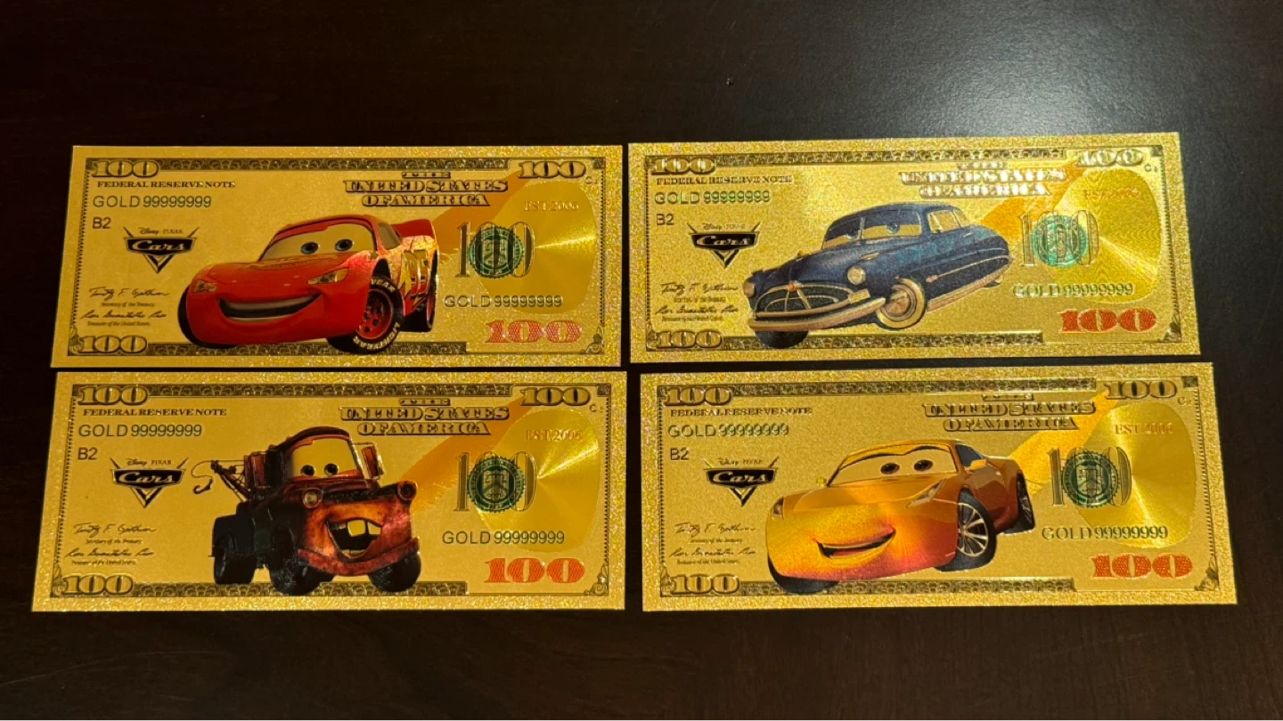 Disney Cars Gold Foil Collectible Notes set of 4