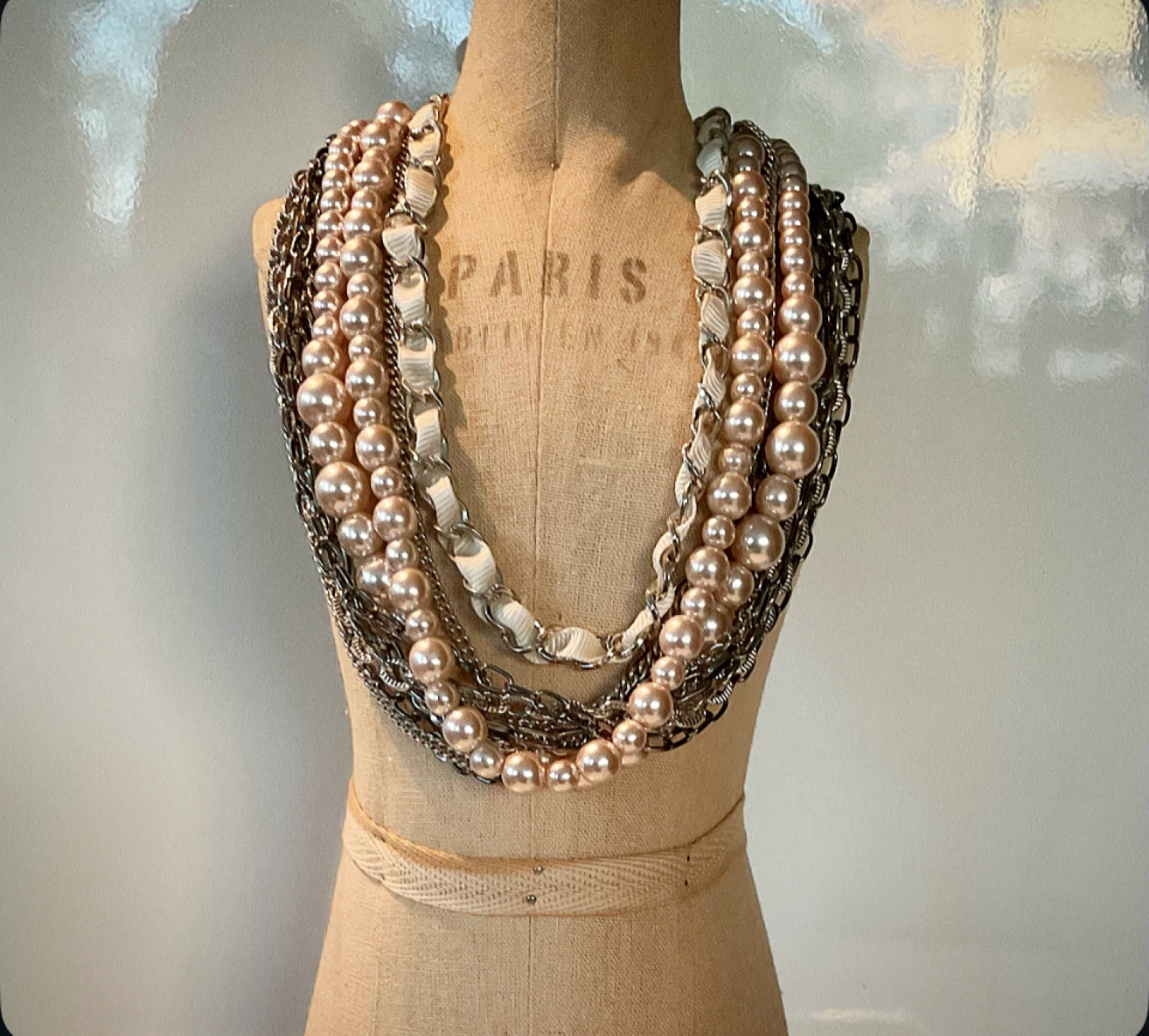 Vintage Multi-strand Blush Pearl and Silver Chain Necklace
