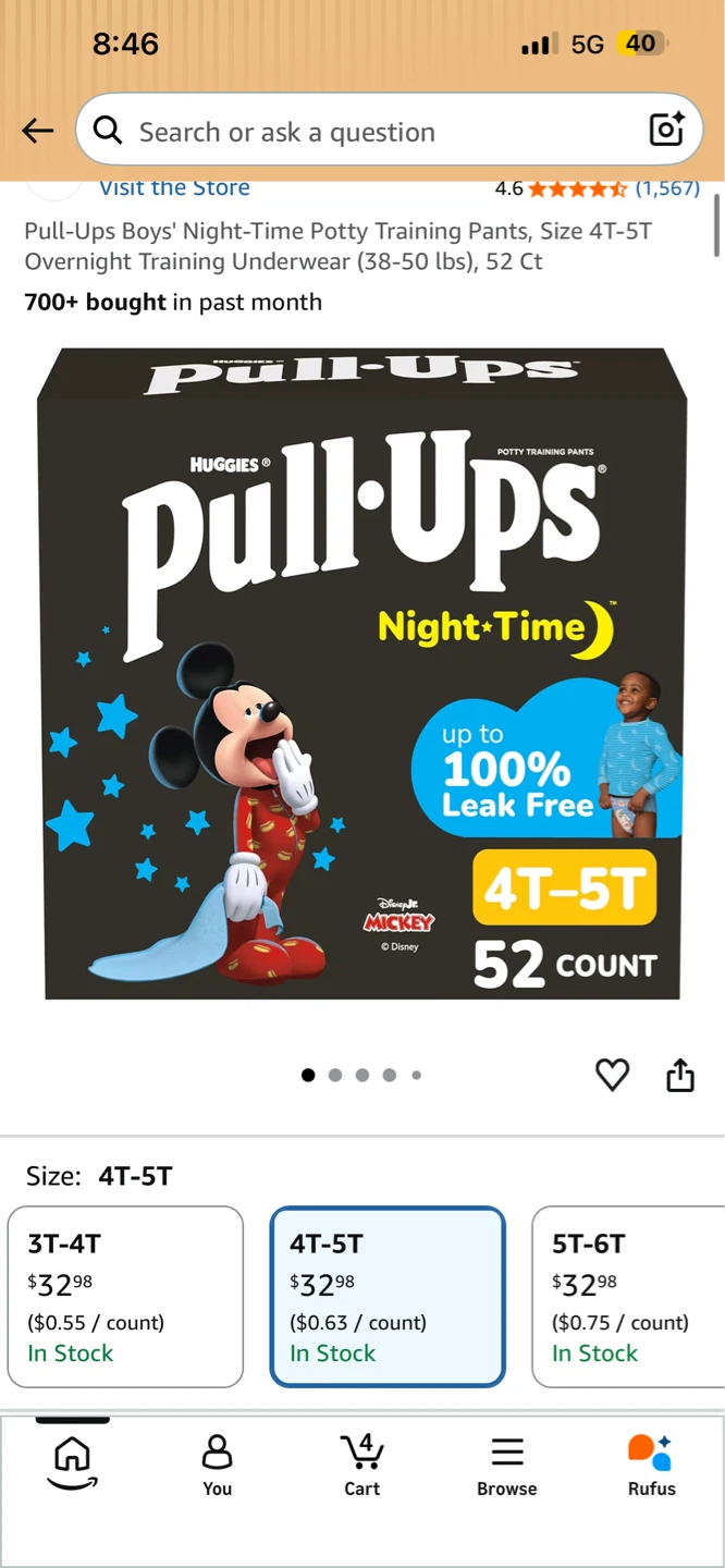 Huggies Pull-Ups Boys' Night-Time Training Pants 4T-5T (52 Ct)
