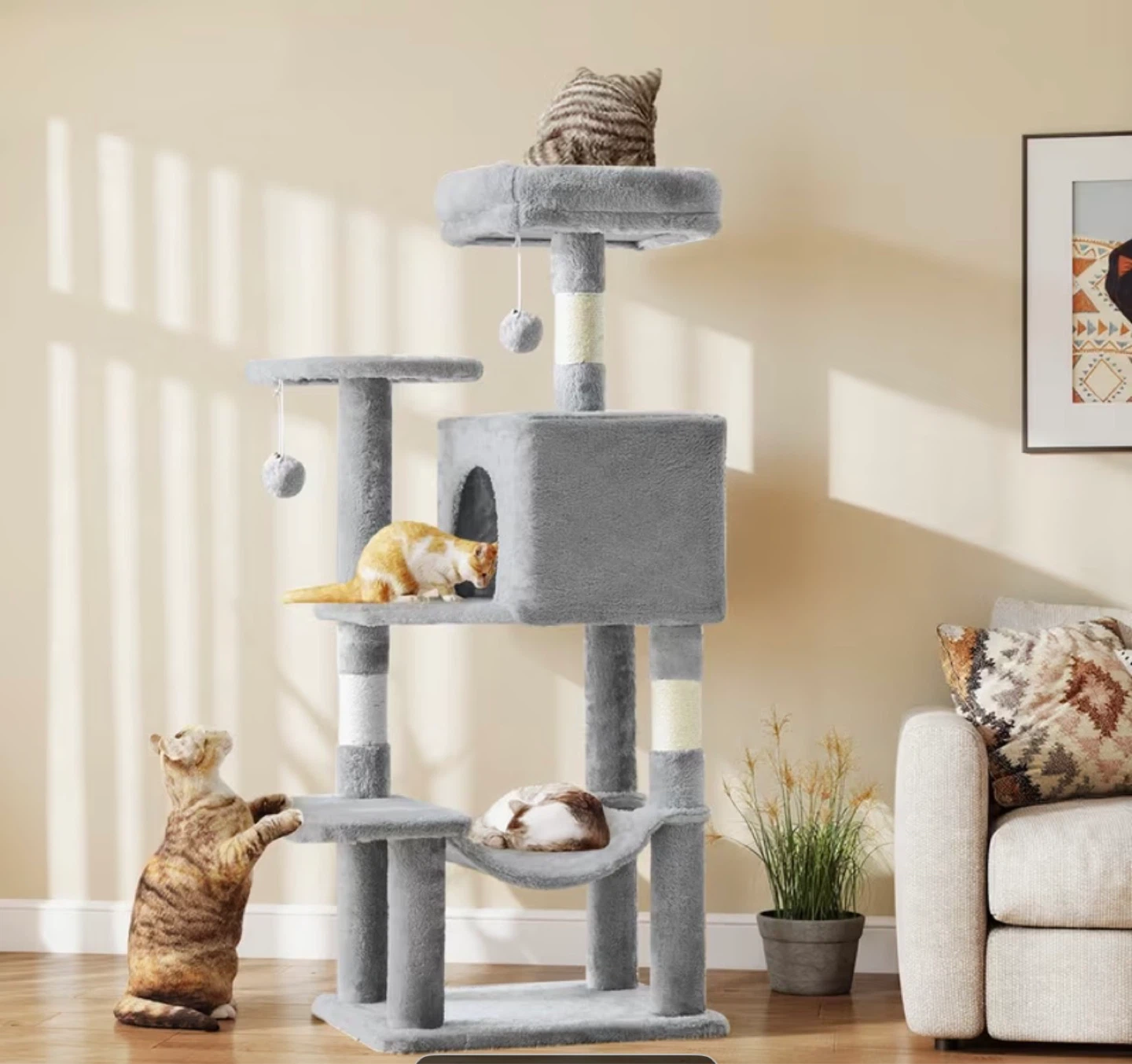 Grey Cat Tower Condo with Hammock and Perches -44in Tall