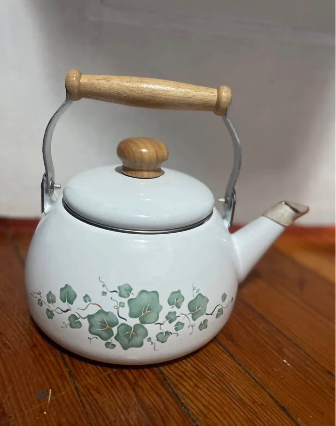 White Enamel Kettle with Wood Handle